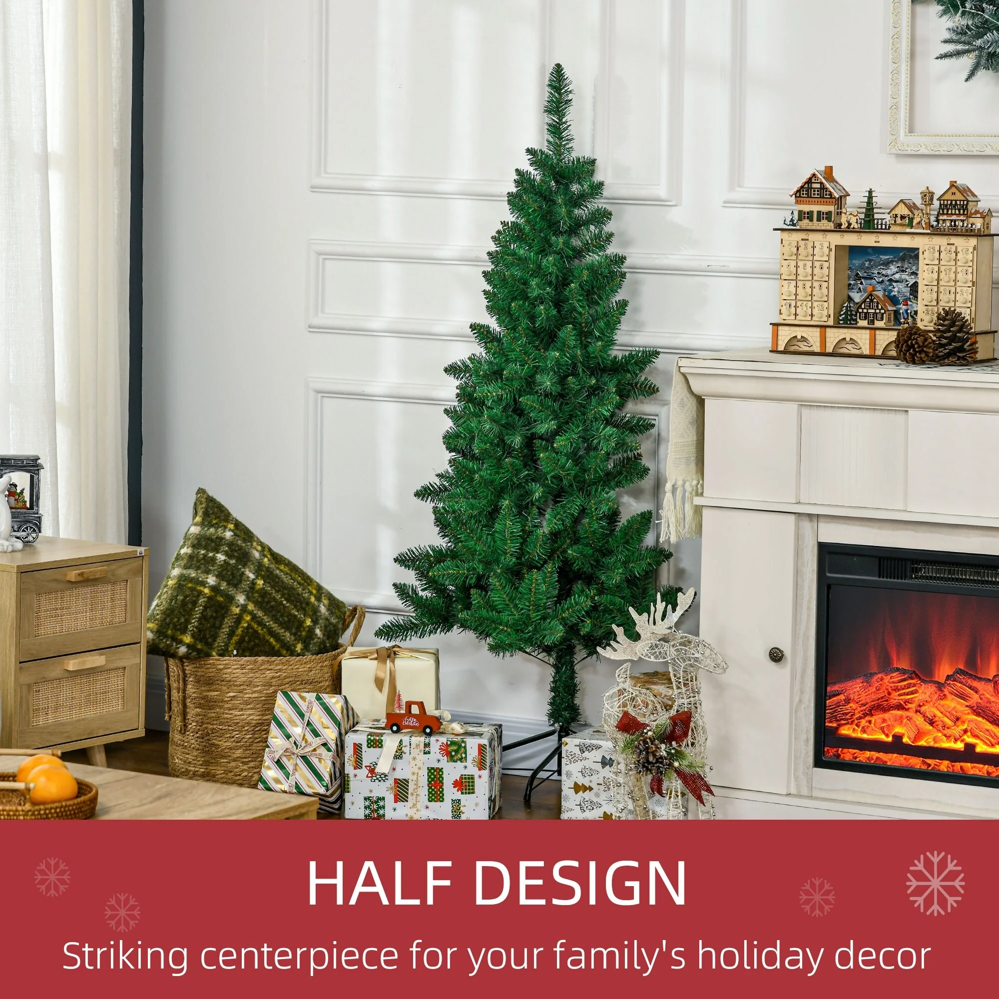 Space-Saving 5ft/7ft Half Christmas Tree, Unlit Artificial Tree with Steel Base and Wall-Fit Design