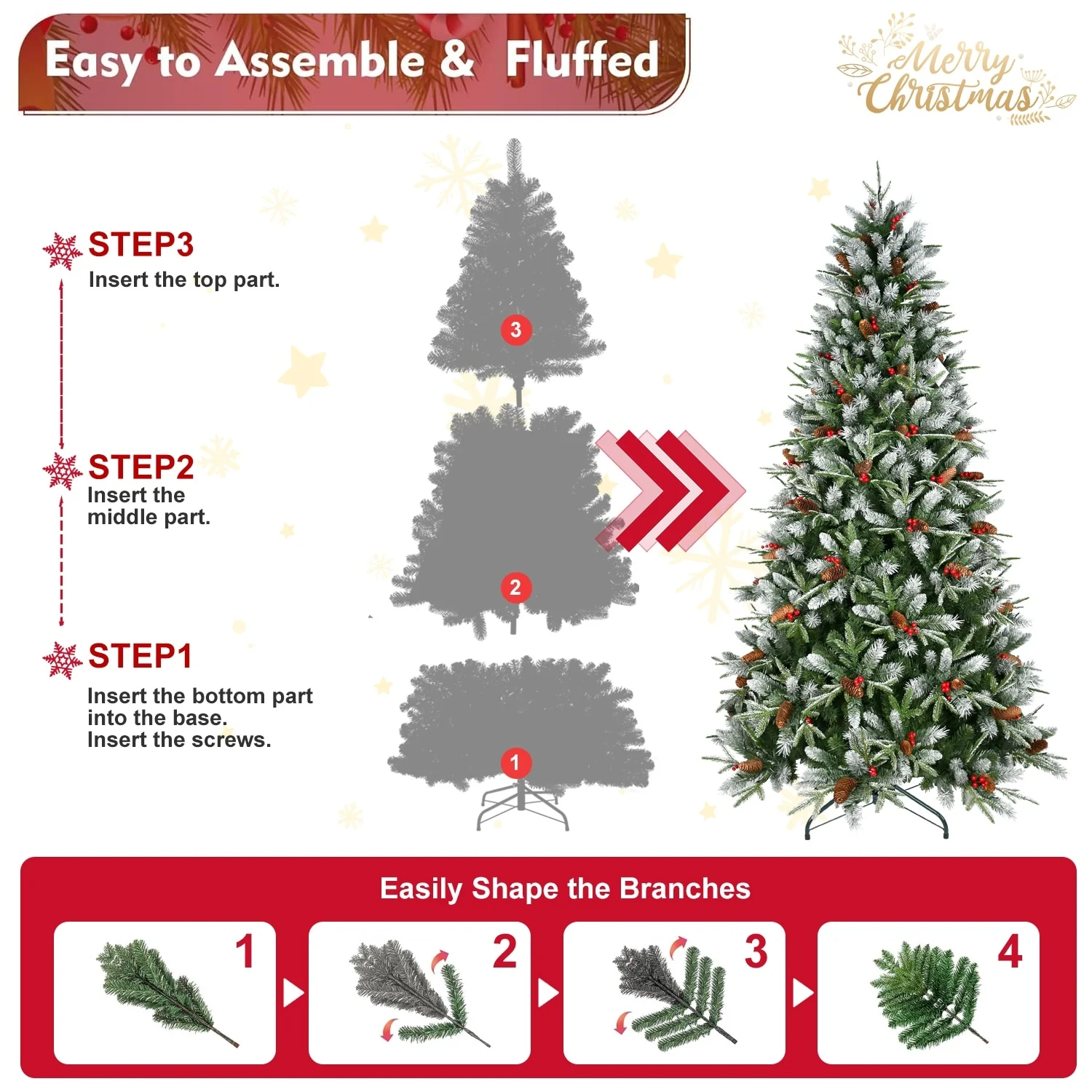 Realistic Artificial Christmas Tree 7.5ft or 8ft Snow-Sprayed with Hinged Branches and Metal Stand Ideal for Indoor Use