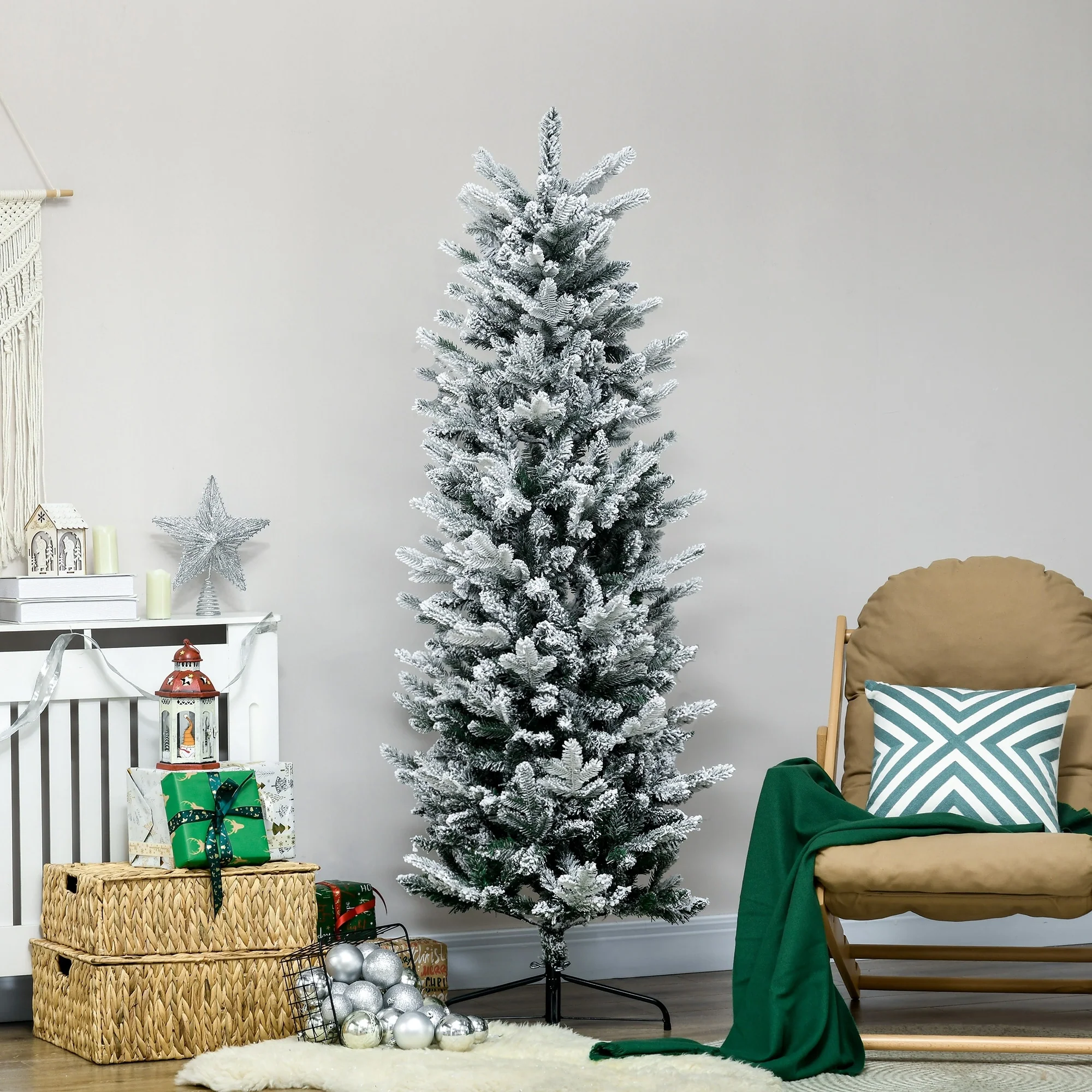 Unlit 6ft Snow-Flocked Pencil Artificial Christmas Tree with Auto-Open Design, Ideal Holiday Decoration