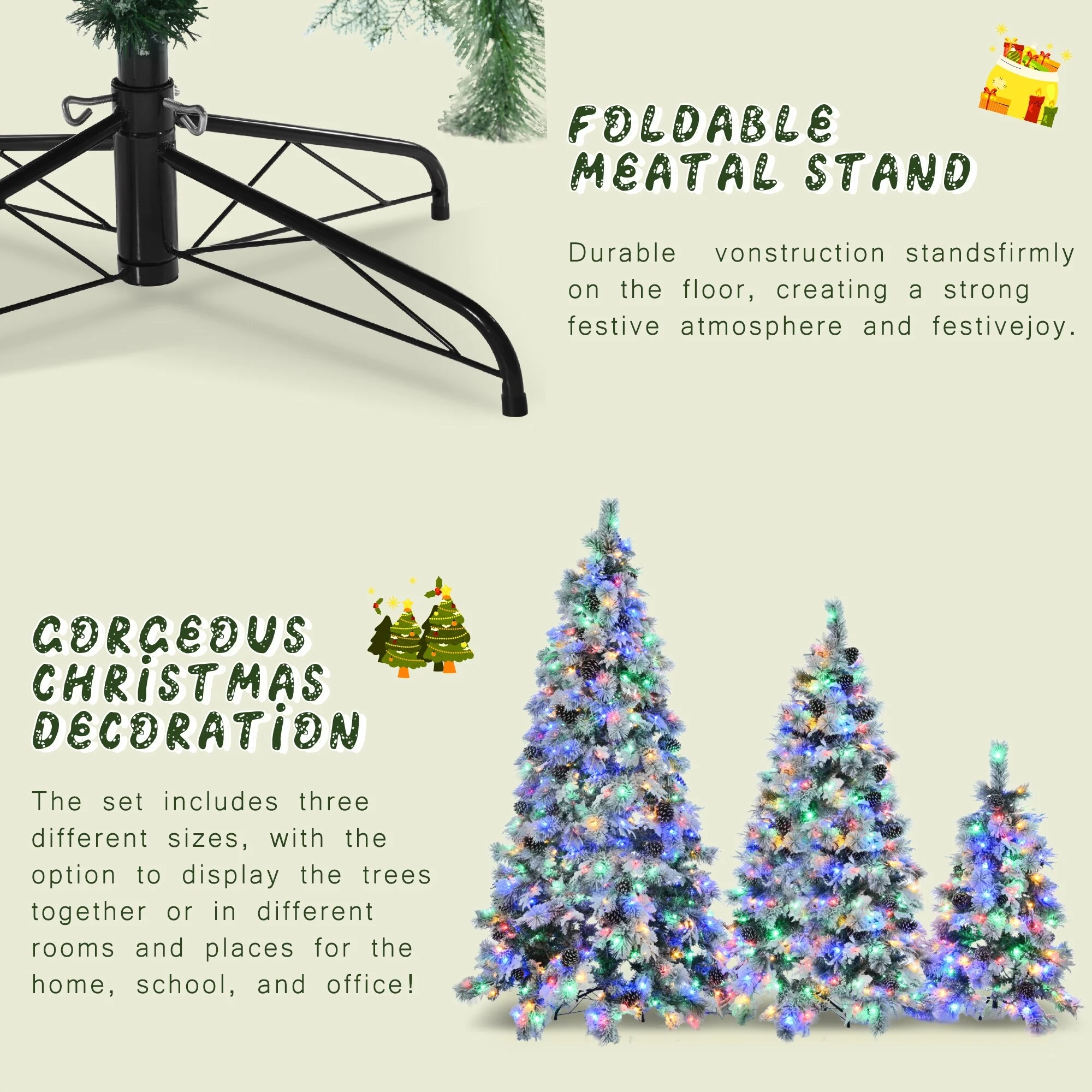 Pre-Lit Snow Flocked Xmas Tree Set - 4FT, 6FT, 7.5FT with Pine Cones, 820 LED Lights & 11 Modes
