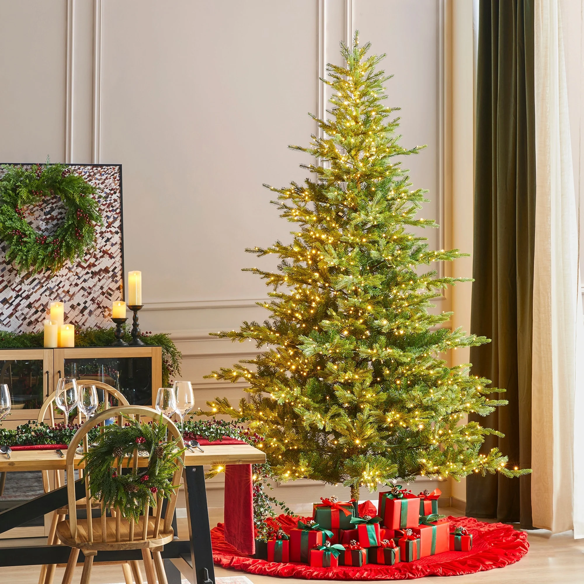 Glitzhome 7.5ft/9ft Pre-Lit Full Fir Artificial Christmas Tree w/Foot Pedal & Remote Control Simple Setup