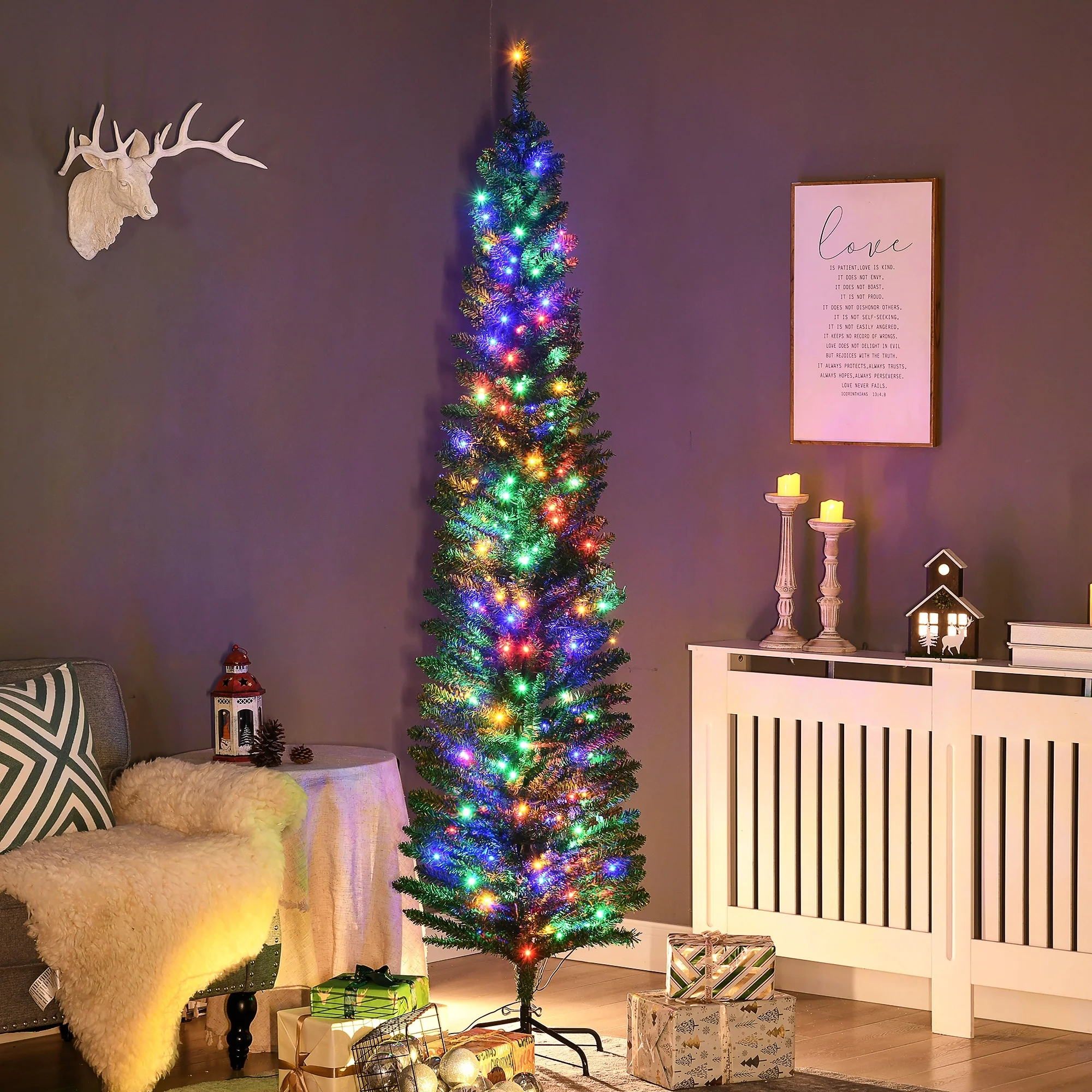 Slim 7ft Prelit Christmas Tree with 180 LEDs and 499 Tips Ideal for Small Spaces