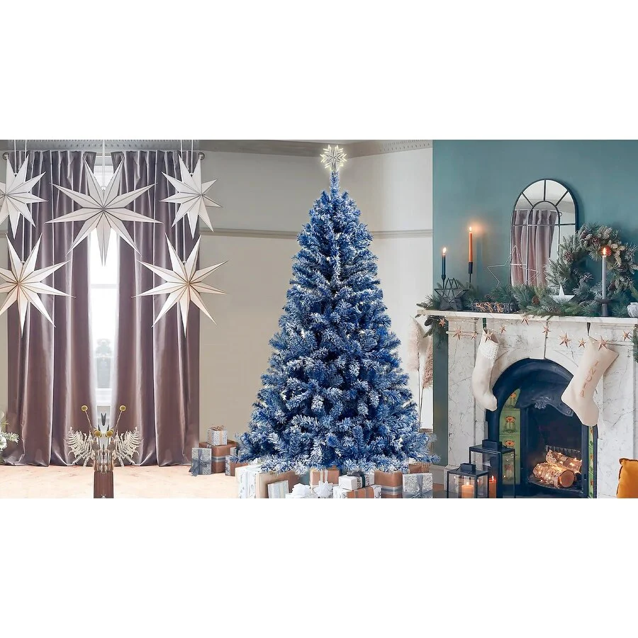 6FT Pre-Lit Hinged Artificial Fir Christmas Tree with Snow Flocked Branches, 750 Tips, and 300 Warm LED Lights