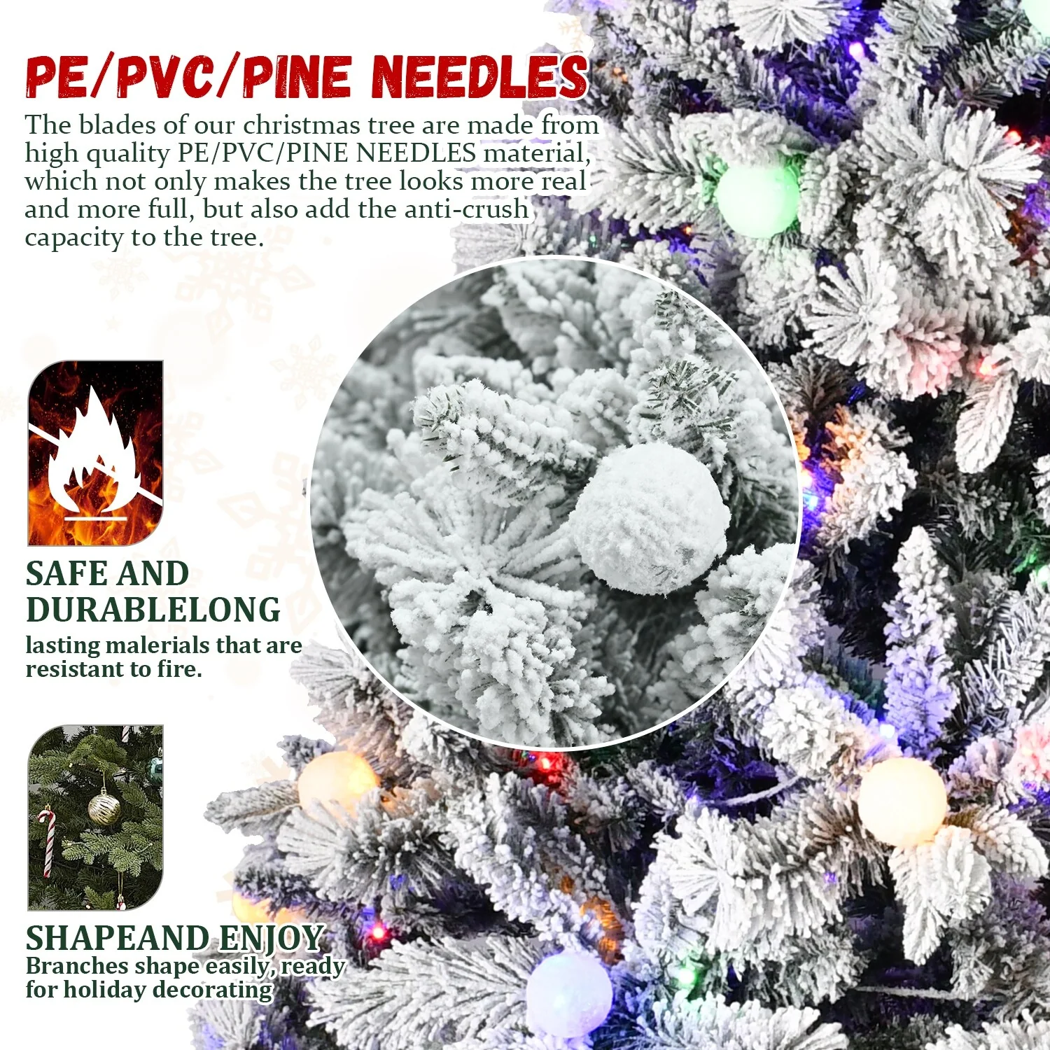 8ft Artificial Snow-Flocked Christmas Tree with LED Lights, Memory Wire, and Easy Power Setup
