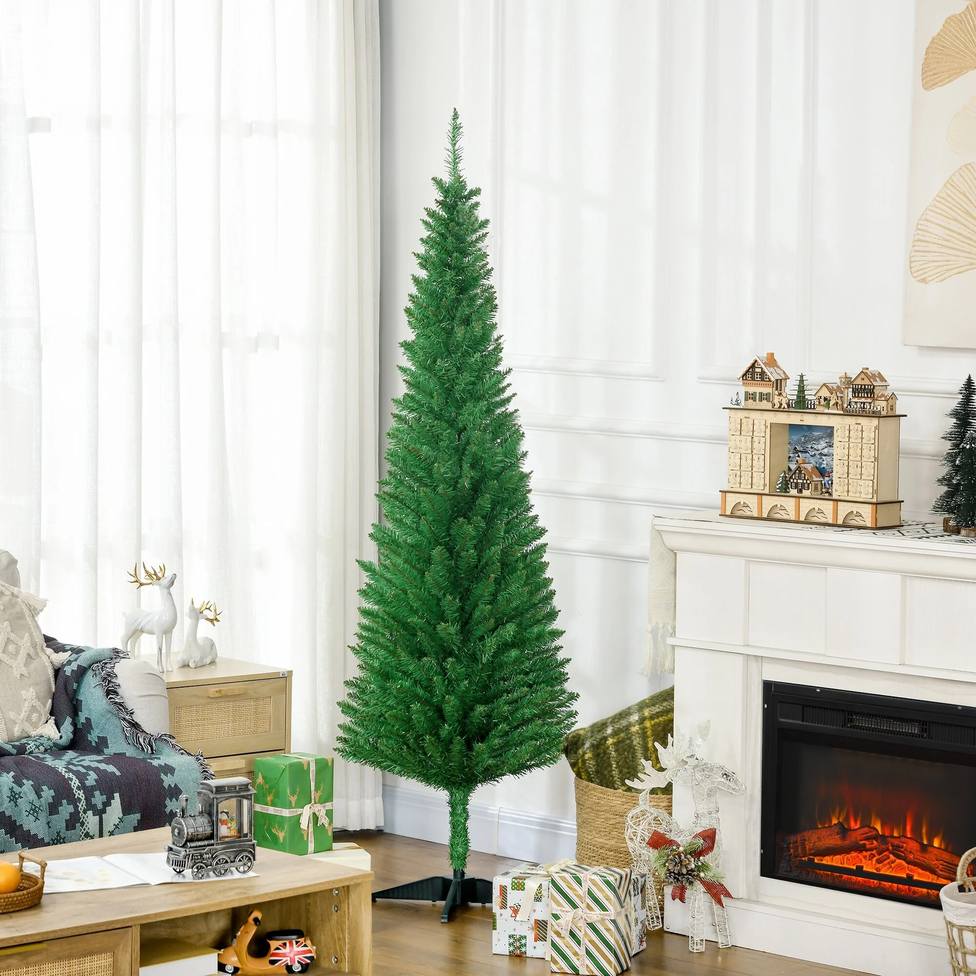 Unlit 5FT/6FT/7FT Slim Pencil Christmas Tree with Realistic Tips and Easy-Assembly Stand, Perfect for Small Spaces