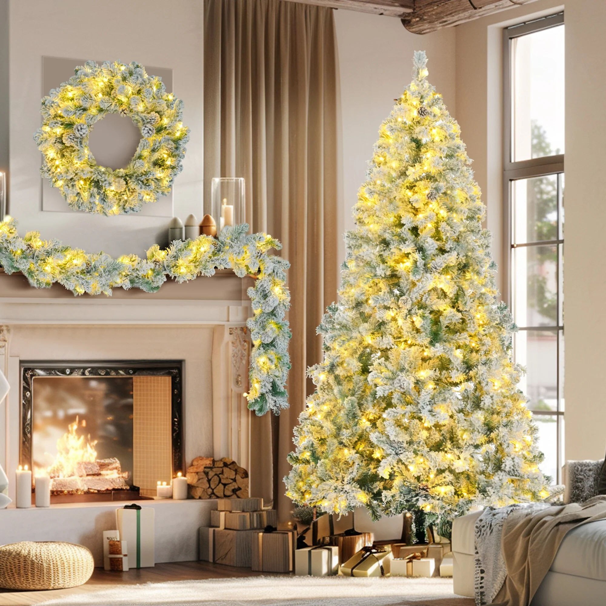 Pre-Lit 6FT Snow Flocked Christmas Tree with 9FT Garland & 20-Inch Wreath, Colorful LED Lights, 8 Lighting Modes