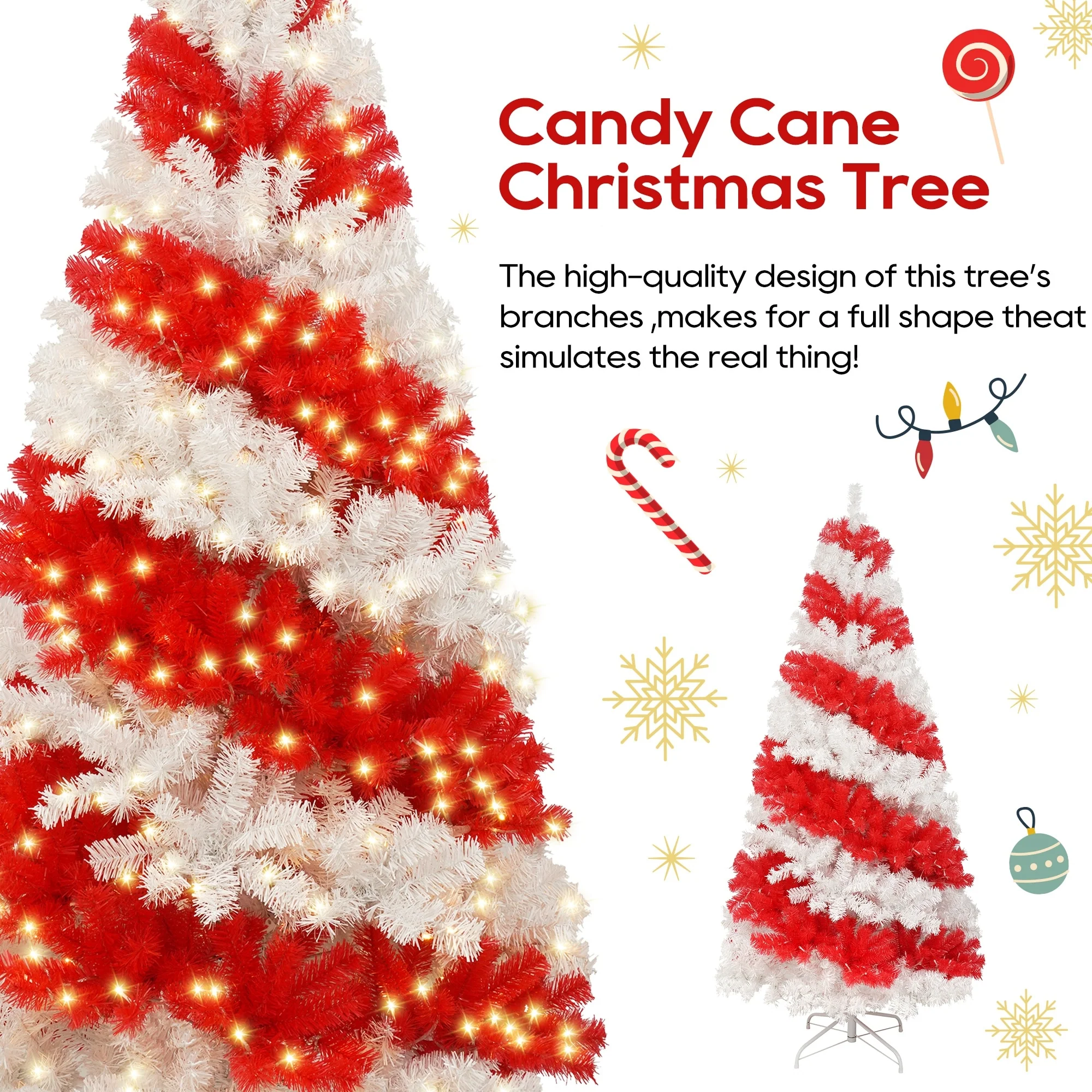 6FT Candy Cane Artificial Christmas Tree with 300 LED Lights and 900 Branch Tips
