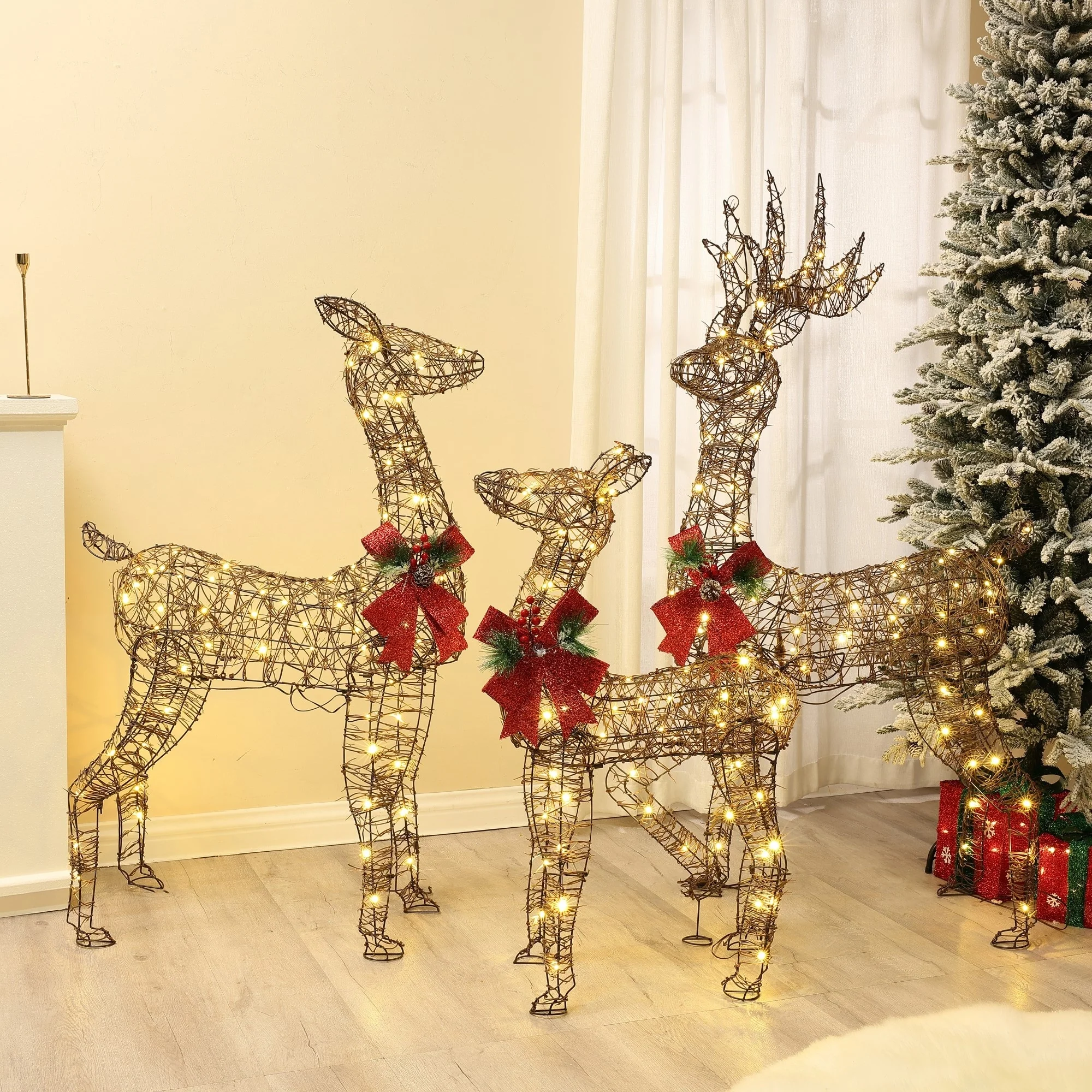 3-Piece Rattan and Iron Deer Family Outdoor Holiday Decoration with Lights - Green/Brown/Red