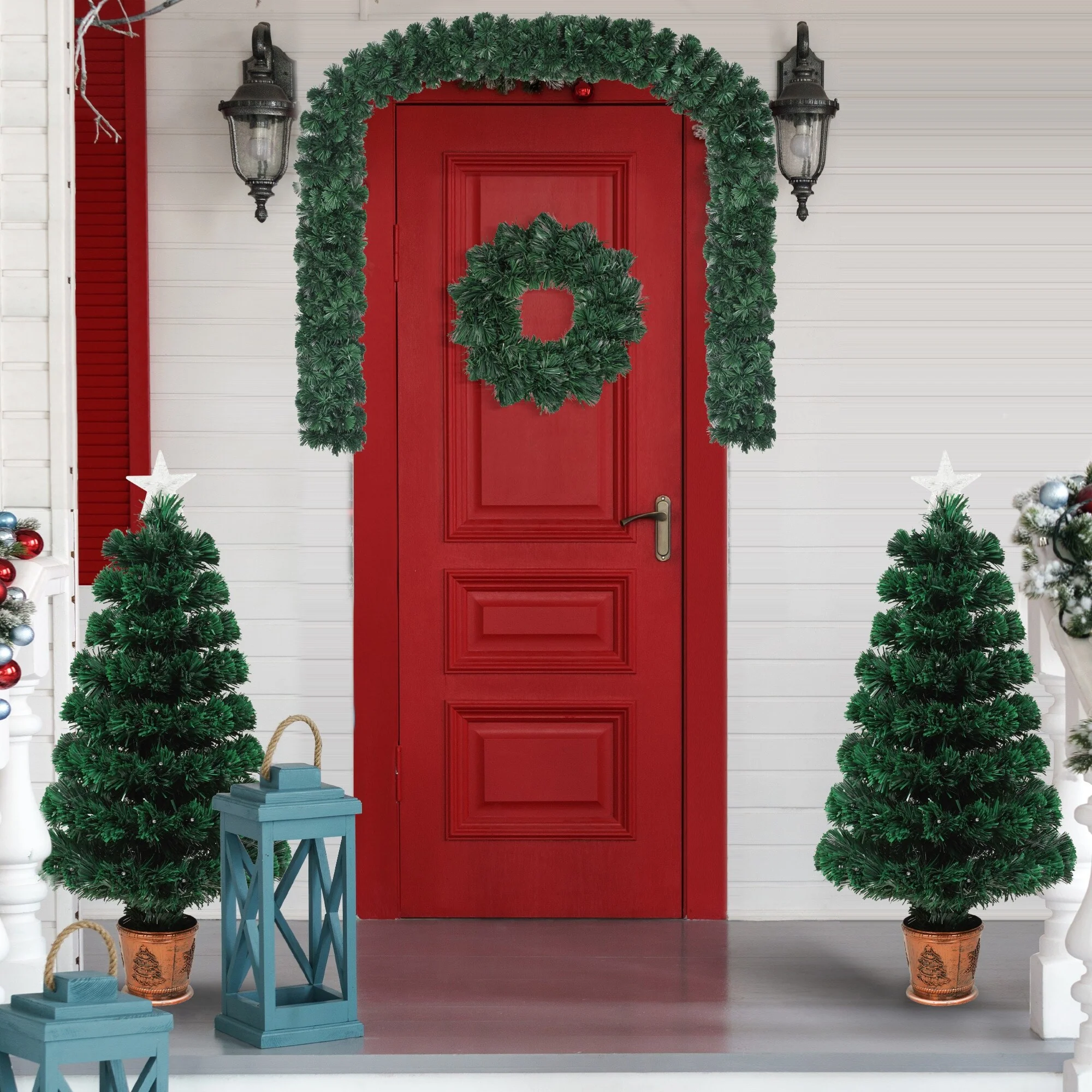 4-Piece Fiber Optic Christmas Tree Set with Entrance Trees, Garland & Wreath