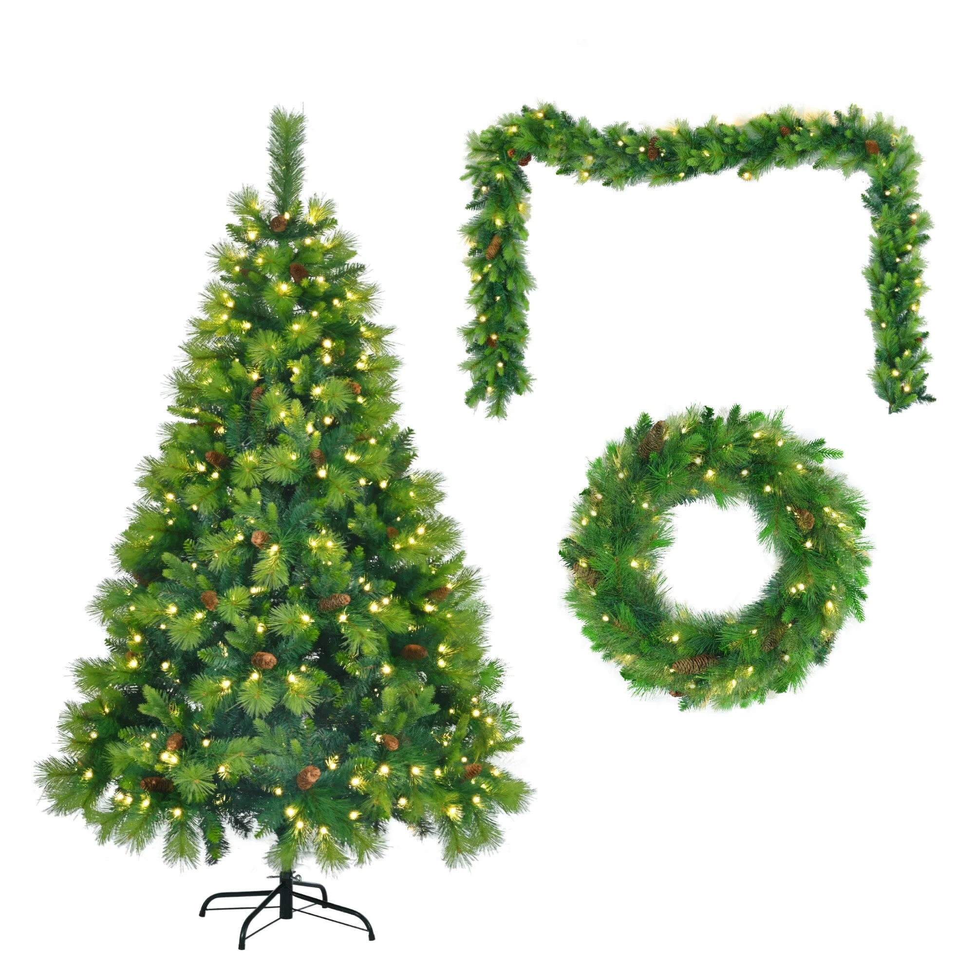 6FT Artificial Grass Green Christmas Tree Set, Pre-Lit with 430 LED Lights, Pine Cones, Wreath & Garland, Ideal for Home