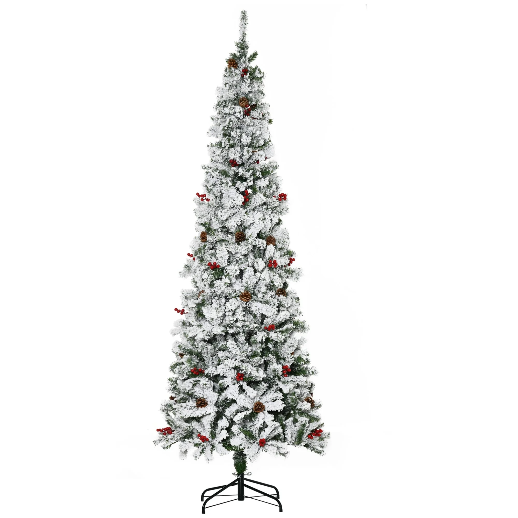 Unlit 6ft/7.5ft Snow-Flocked Pencil Christmas Tree, Pine with Realistic Branches, Pine Cones, and Red Berries