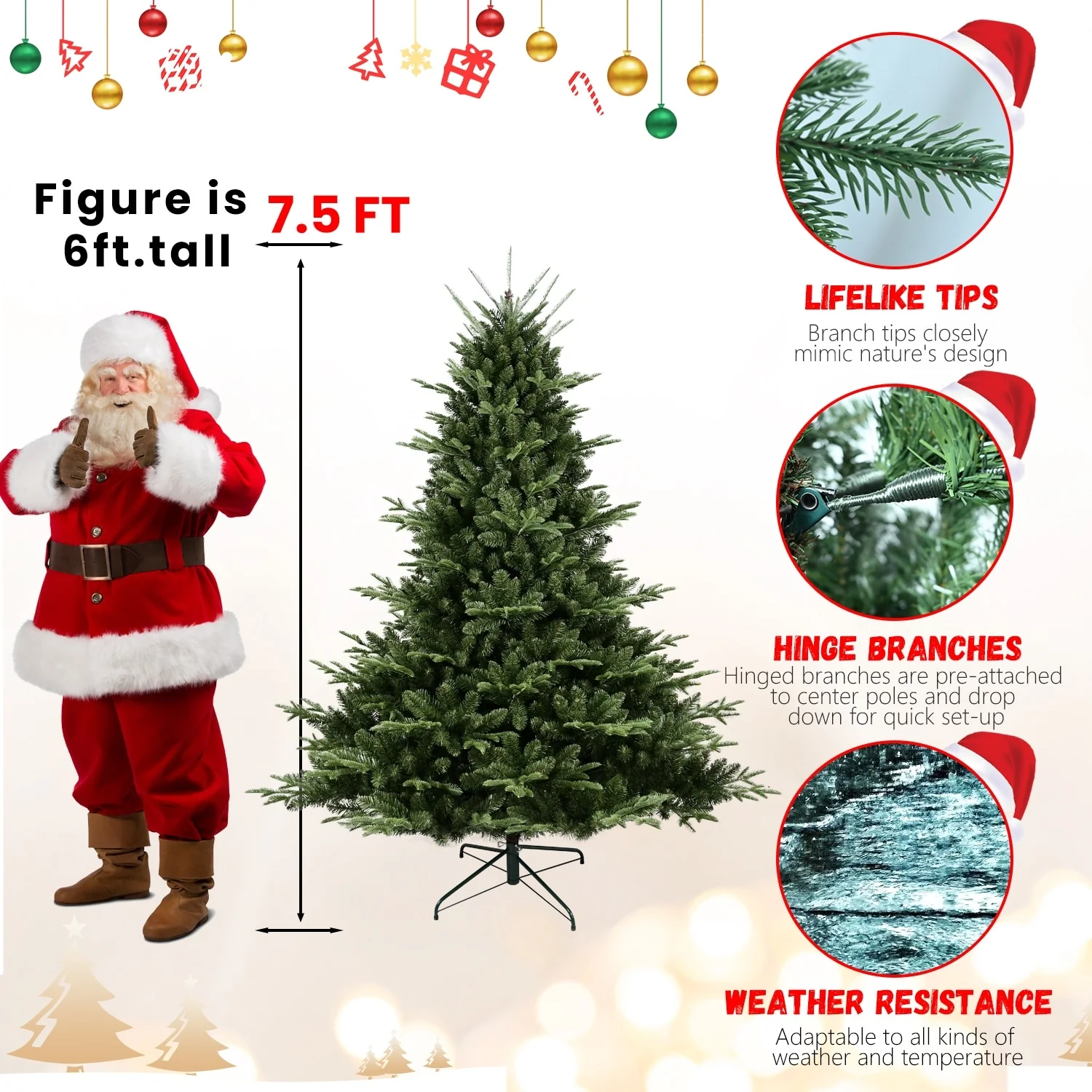 8-9FT Hinged Artificial Christmas Tree with Flame-Retardant PE/PVC, Foldable Stand