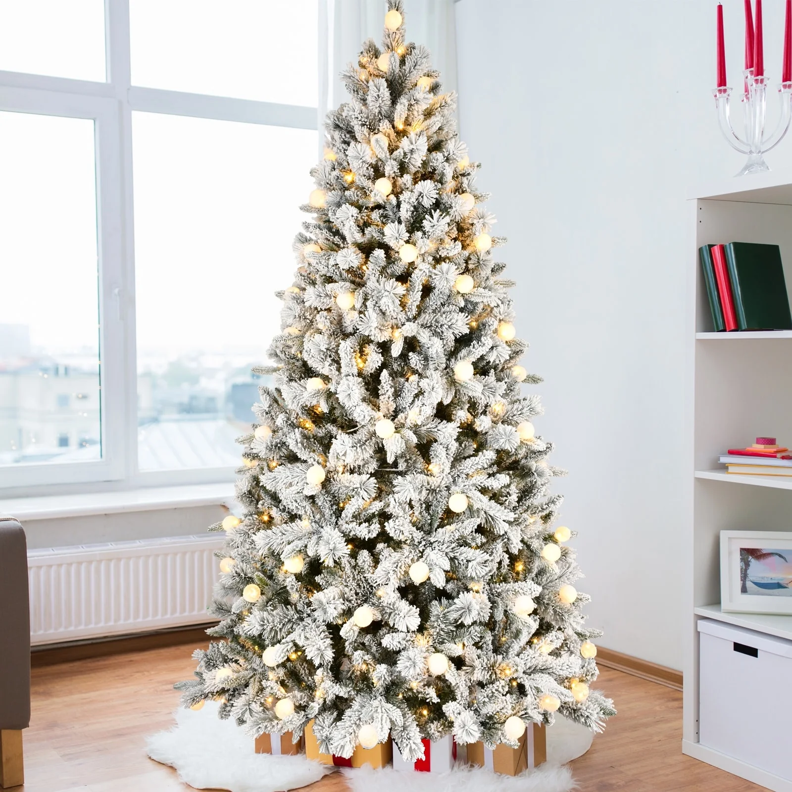 8ft Artificial Snow-Flocked Christmas Tree with LED Lights, Memory Wire, and Easy Power Setup