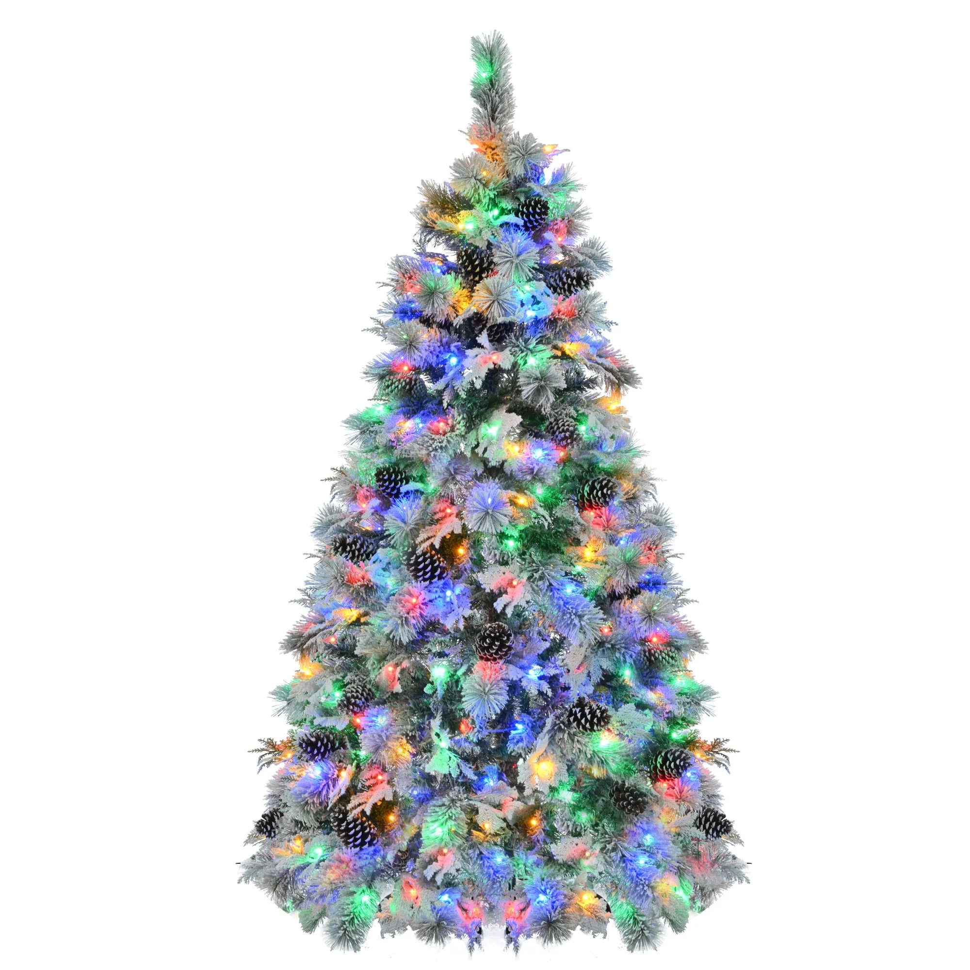Artificial Snow Flocked Spruce Christmas Tree with 120/250/450 LED Lights, Pine Cones, and 11 Flashing Modes, 4FT/6FT/7.5FT