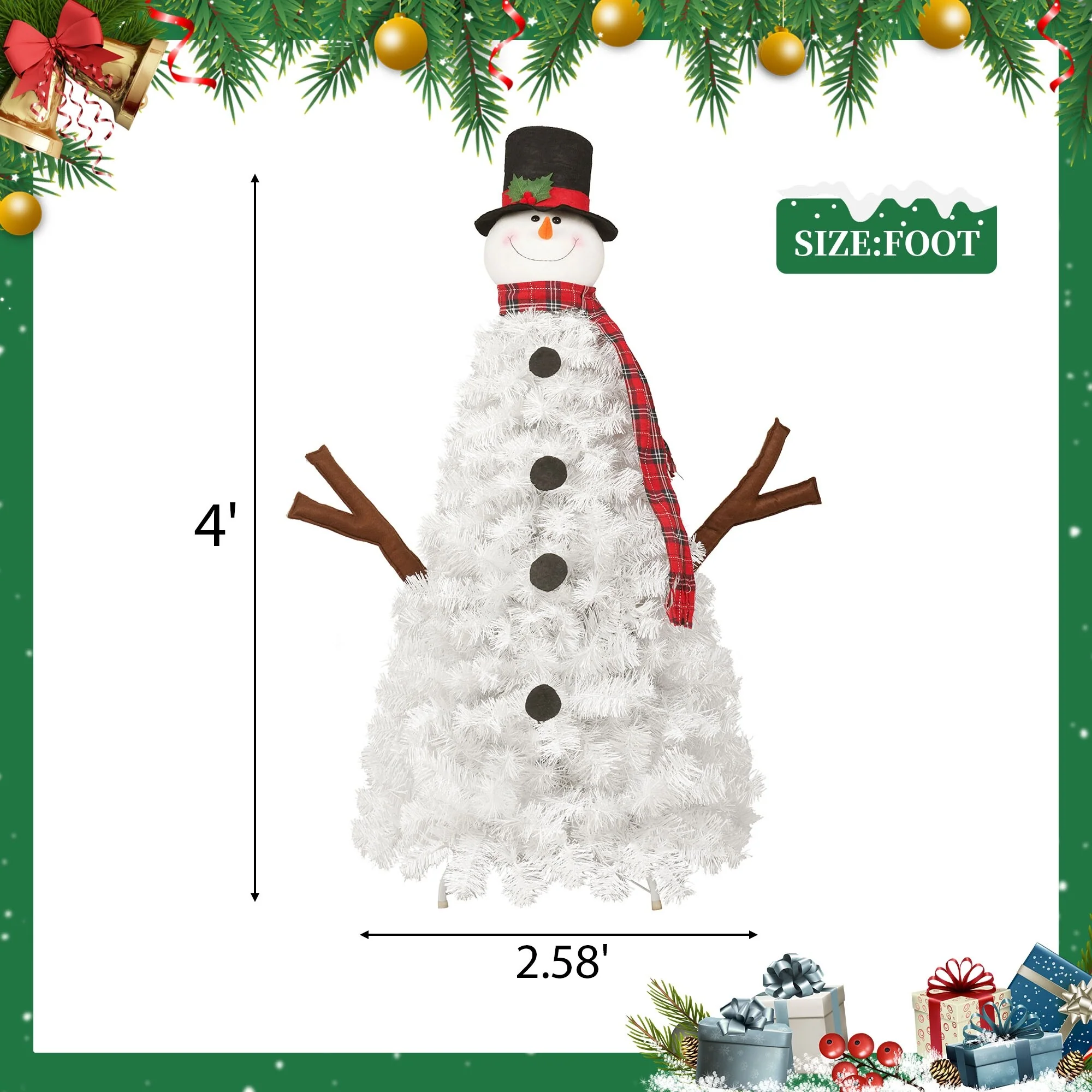 Pre-lit Snowman Christmas Tree, 4ft Artificial Holiday Tree with 100 Warm White LED Lights and 380 Branch Tips for Home