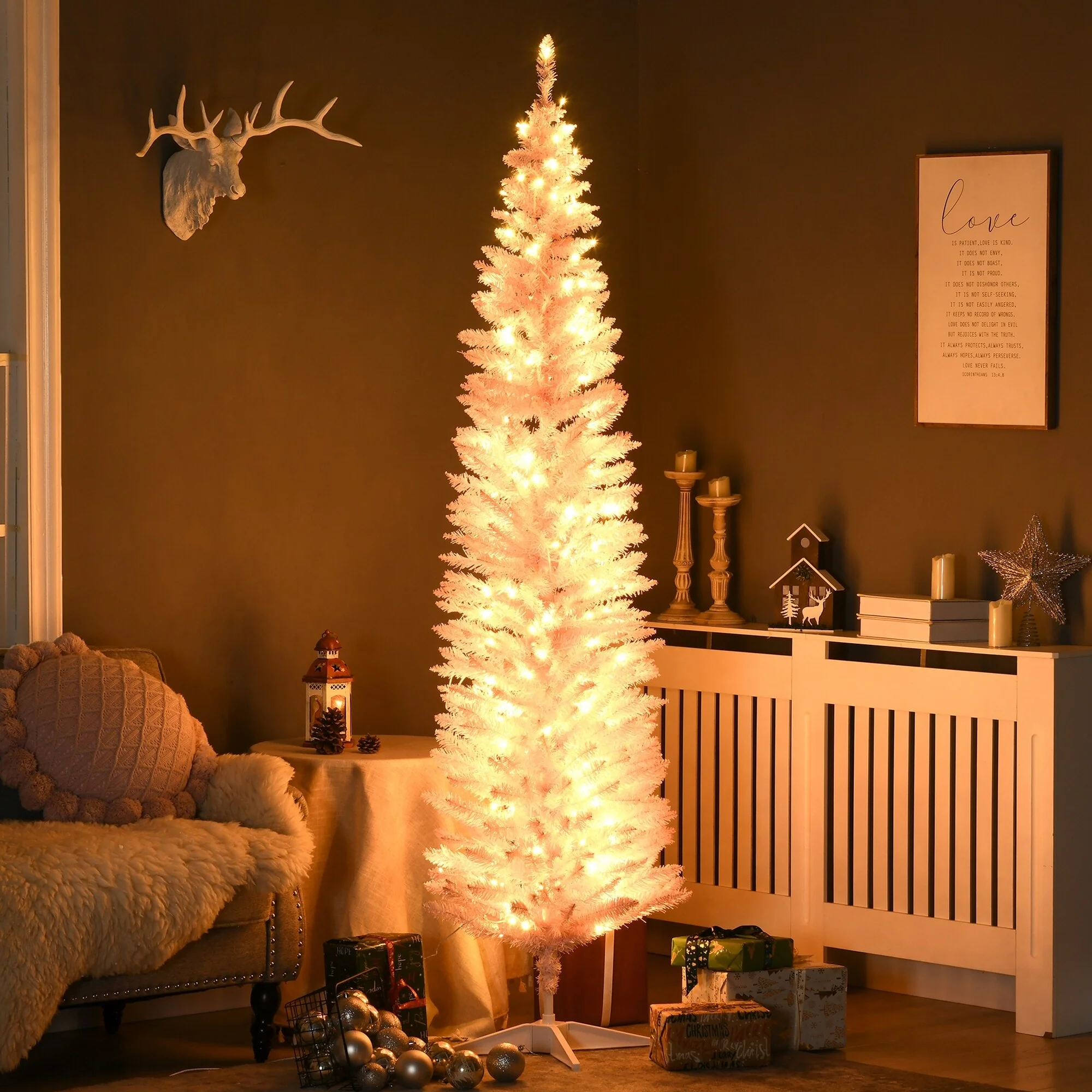7ft Artificial Slim Noble Fir Christmas Tree Pre-Lit with 200 LED Lights and 499 Branch Tips, Ideal for Small Spaces