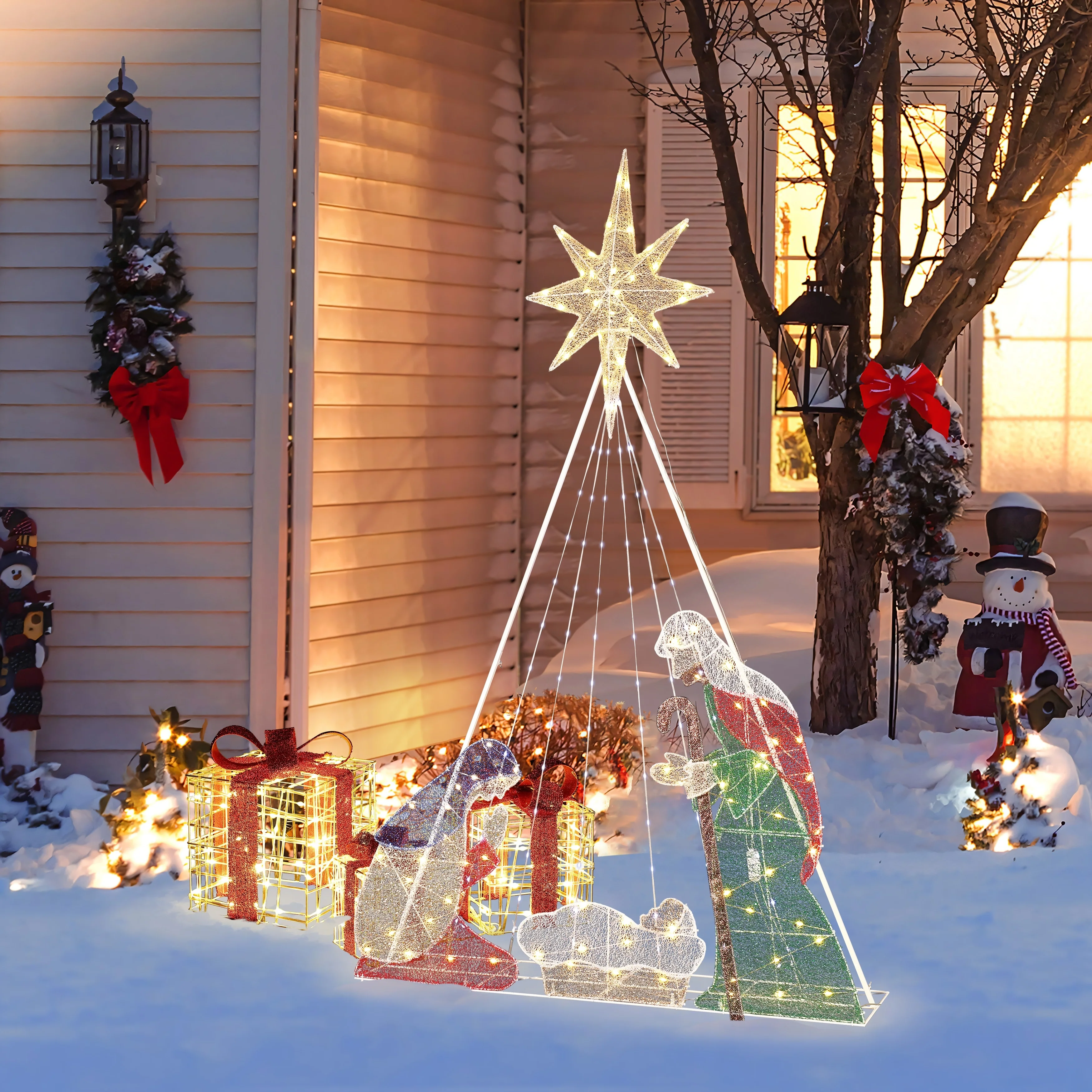 Lighted Nativity and Christmas Tree Outdoor Holiday Decoration - Multi-Color/White