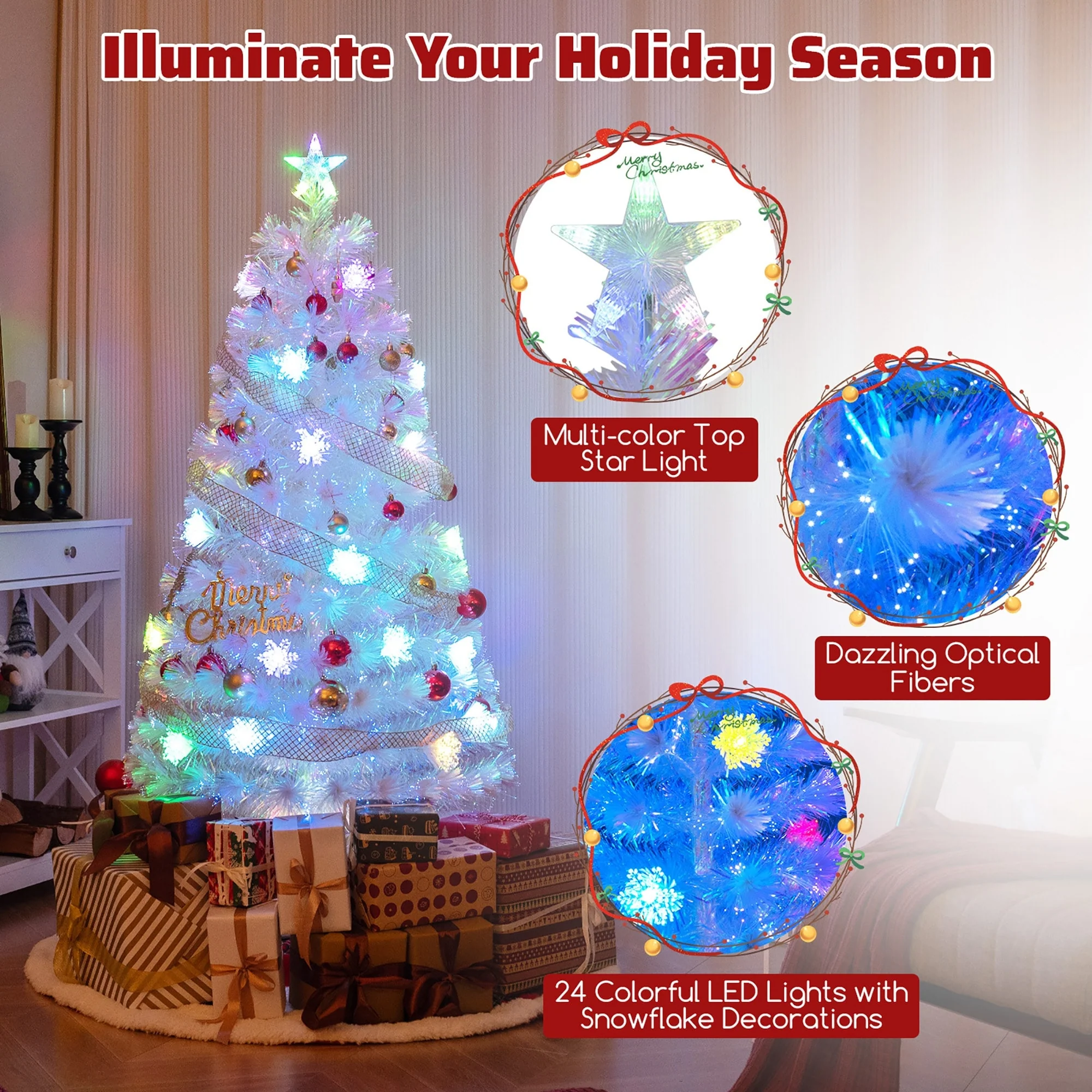 Gymax 5/6/7 FT Pre-Lit Fiber Optic Christmas Tree White Artificial
