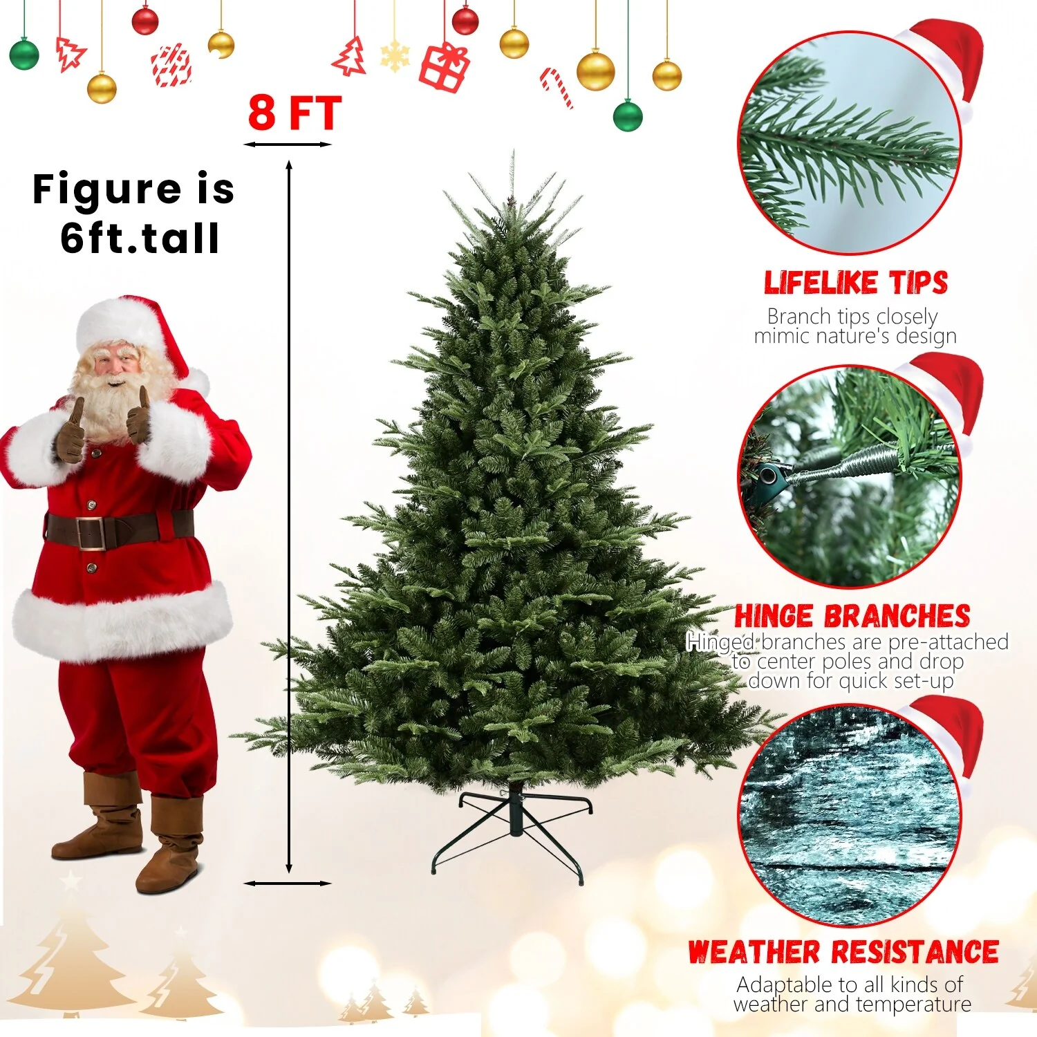 8-9FT Hinged Artificial Christmas Tree with Flame-Retardant PE/PVC, Foldable Stand