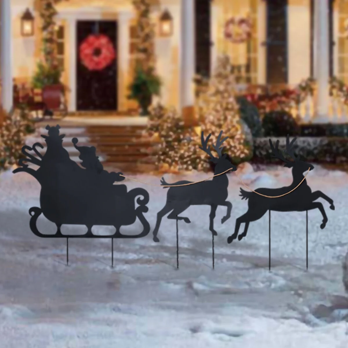 Santa Sleigh Silhouette Christmas Holiday Outdoor Yard Decor - Black - 86x0.75x35.6