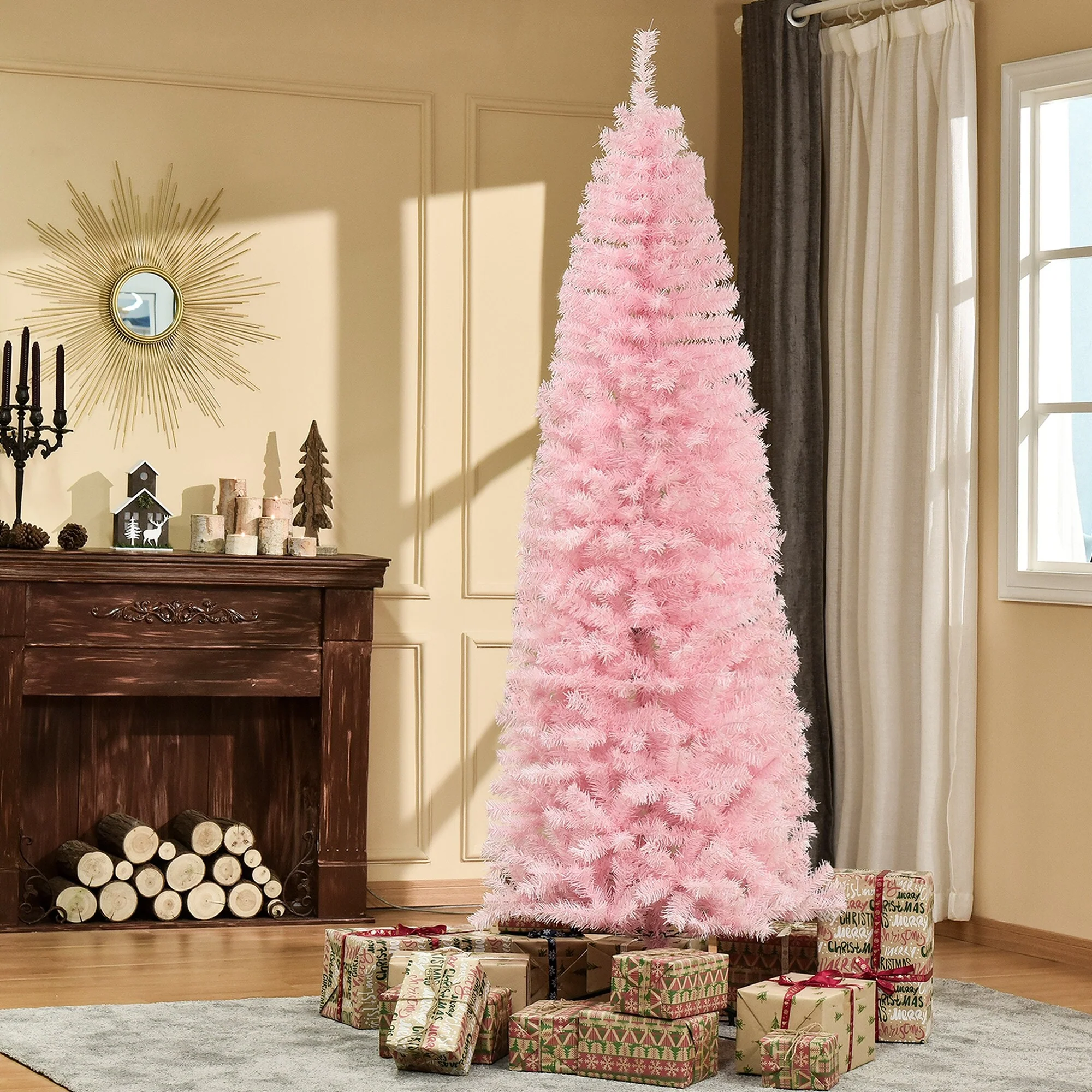 Compact 7' Pink Pencil Christmas Tree, Unlit Douglas Fir with 818 Full Branch Tips and Easy Assembly