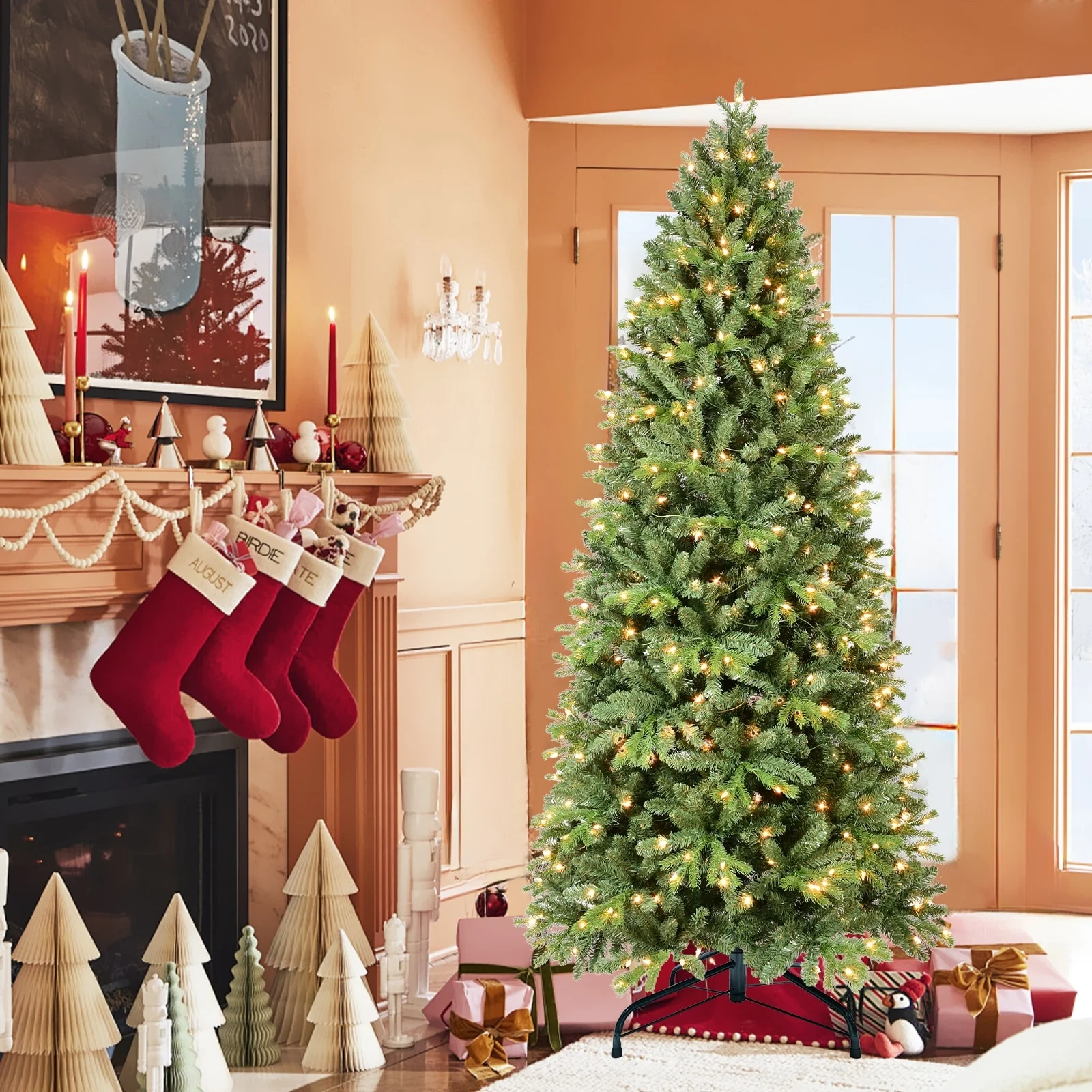 Slim Artificial Christmas Tree 8ft or 9ft with Pre-Lit White Lights