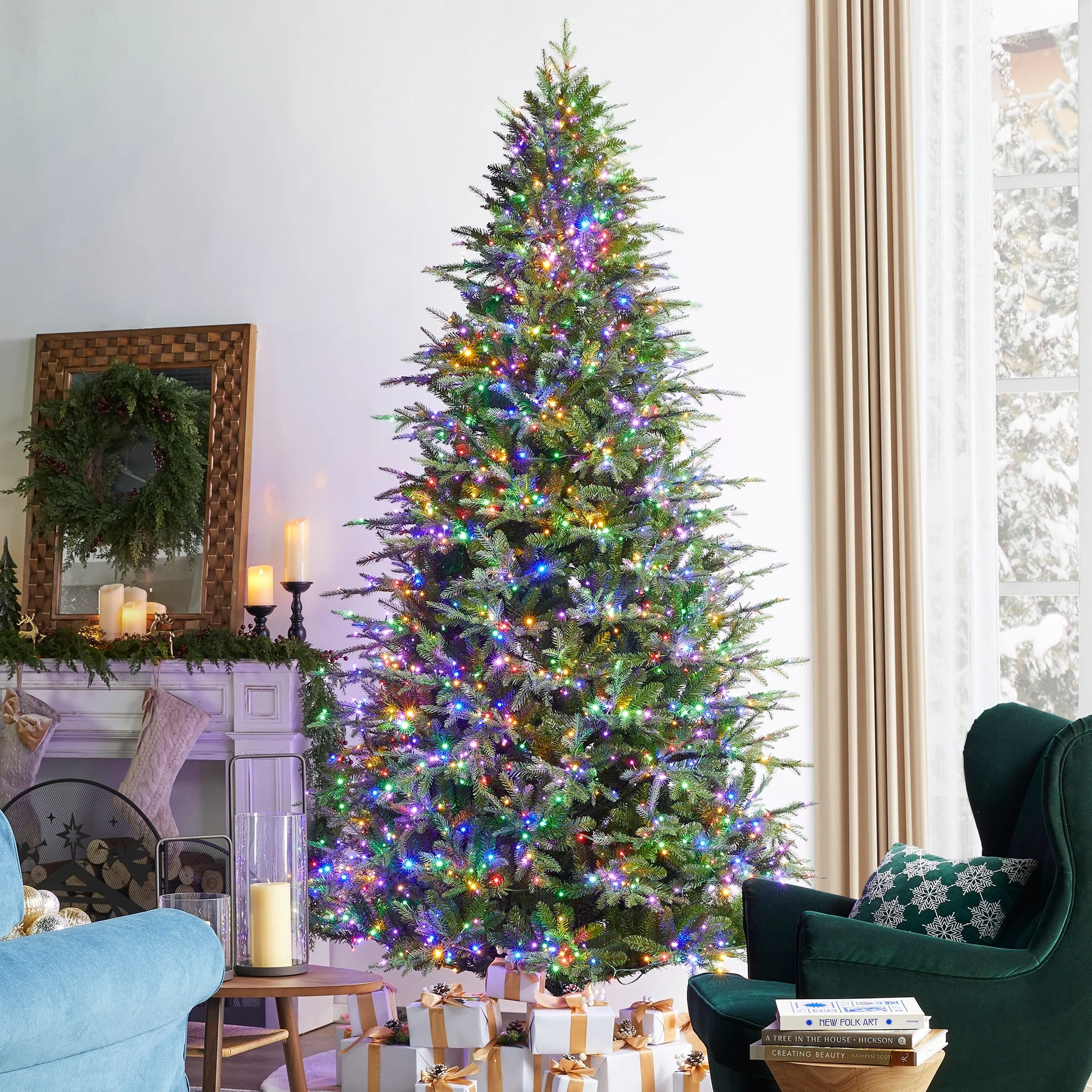 Glitzhome 7.5ft/9ft/11ft Pre-Lit Green Full Fir Artificial Christmas Tree with 1800/2450/3200 LEDs Simple Setup