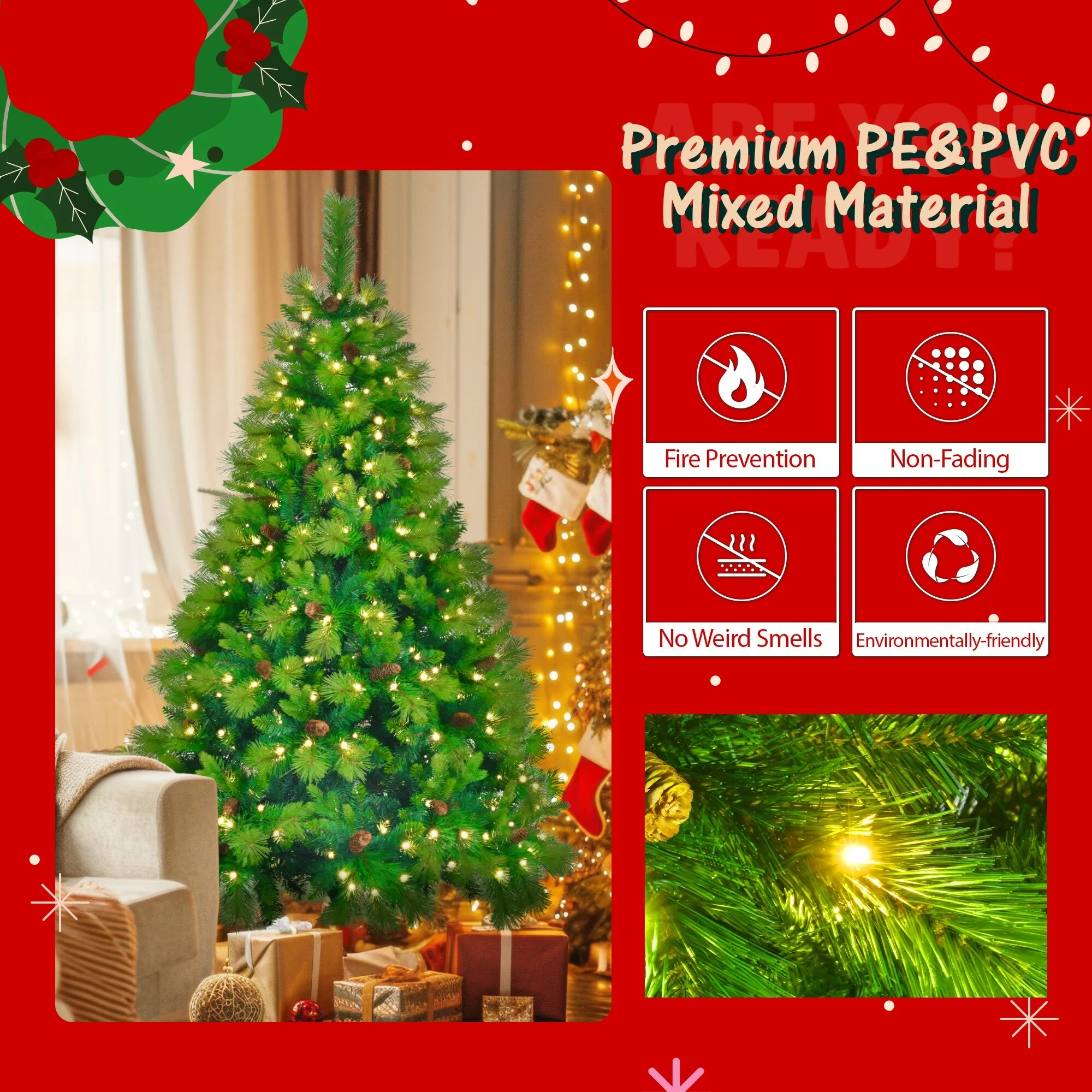 6FT Artificial Grass Green Christmas Tree Set, Pre-Lit with 430 LED Lights, Pine Cones, Wreath & Garland, Ideal for Home
