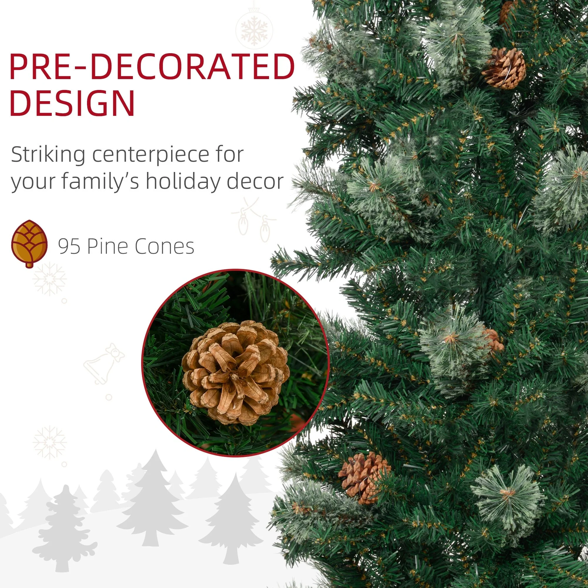9.5 Ft Pencil Christmas Tree, Unlit Slim Artificial Xmas Tree with Realistic Branches, Pine Cones & Metal Stand