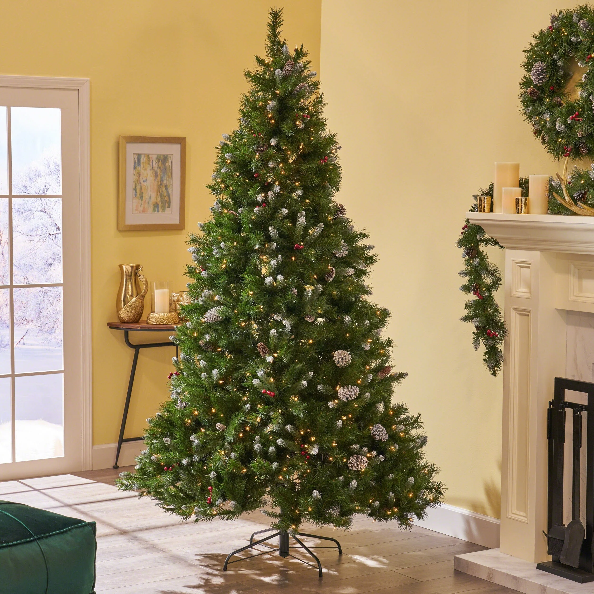 7' Pre-Lit Frosted Christmas Tree with Pine Cones, Red Berries, and 450 Lights