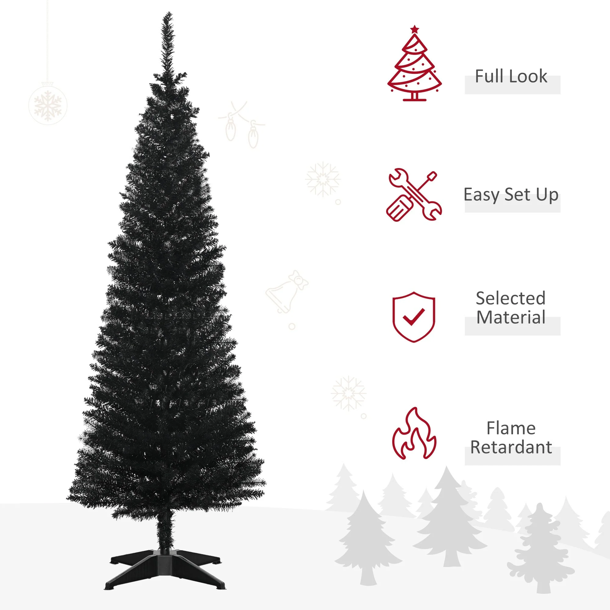 Slim Black Artificial Christmas Tree, Pencil Style with Realistic Branch Tips and Plastic Base - Perfect for Small Spaces