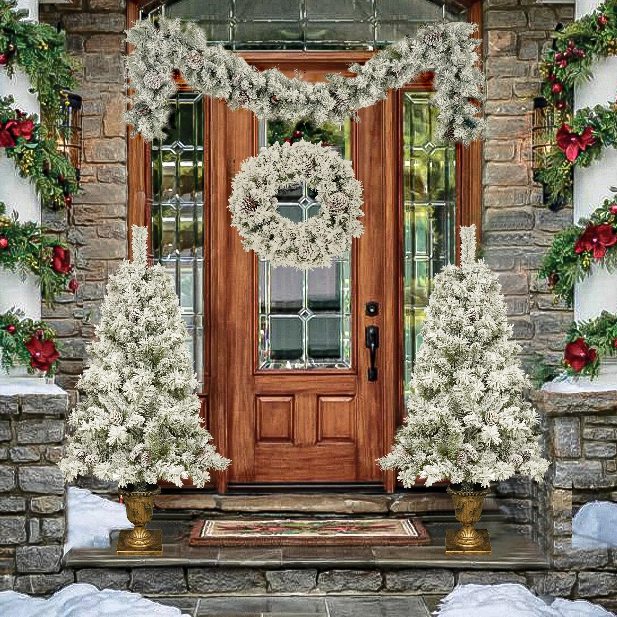 4-Piece Christmas Tree Set with Garland, Wreath & 2 Entrance Trees, Pre-Lit with 325 Warm White LEDs, Ideal for Festive Decor