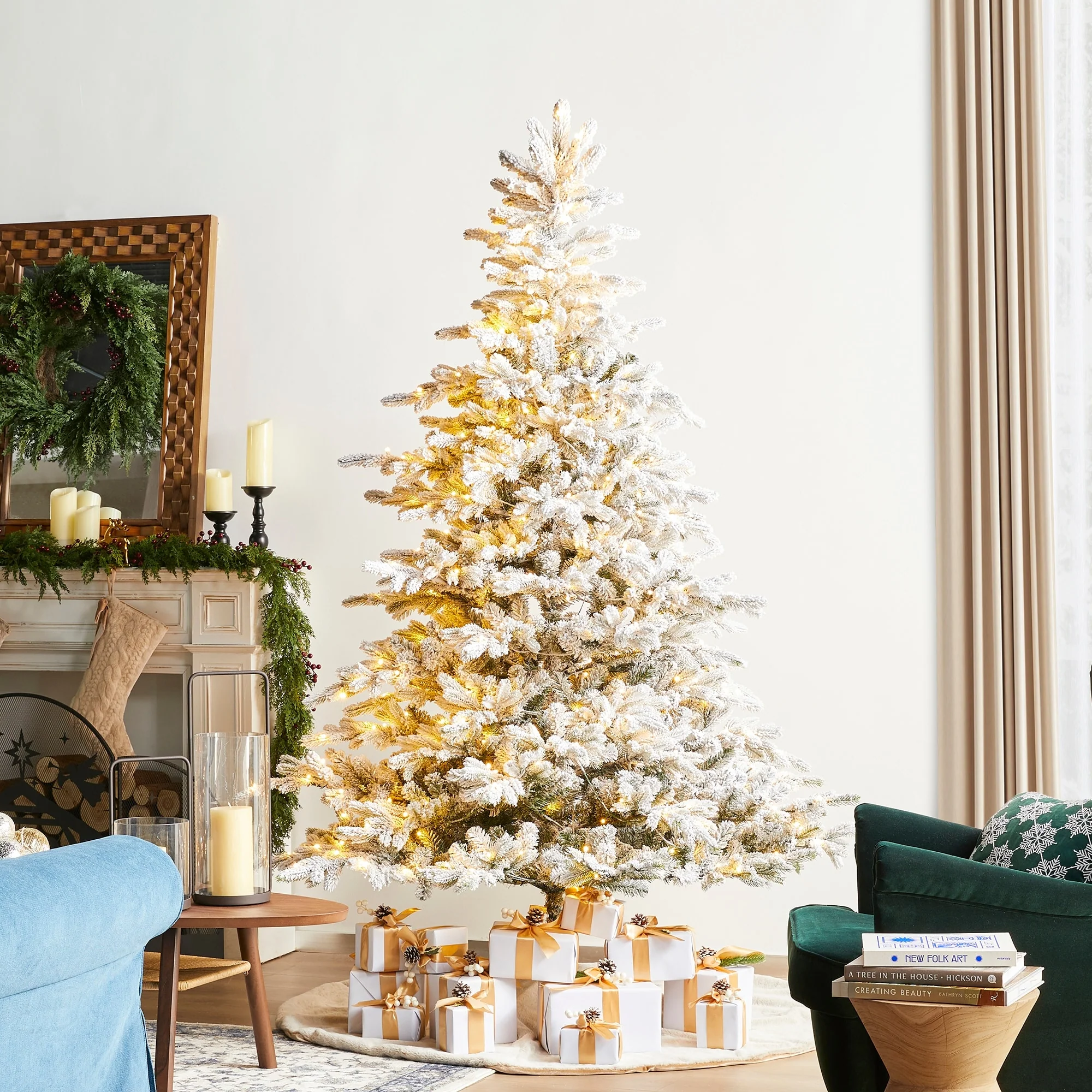 Glitzhome 7.5ft/9ft Pre-Lit Flocked Full Fir Artificial Christmas Trees with Foot Pedal