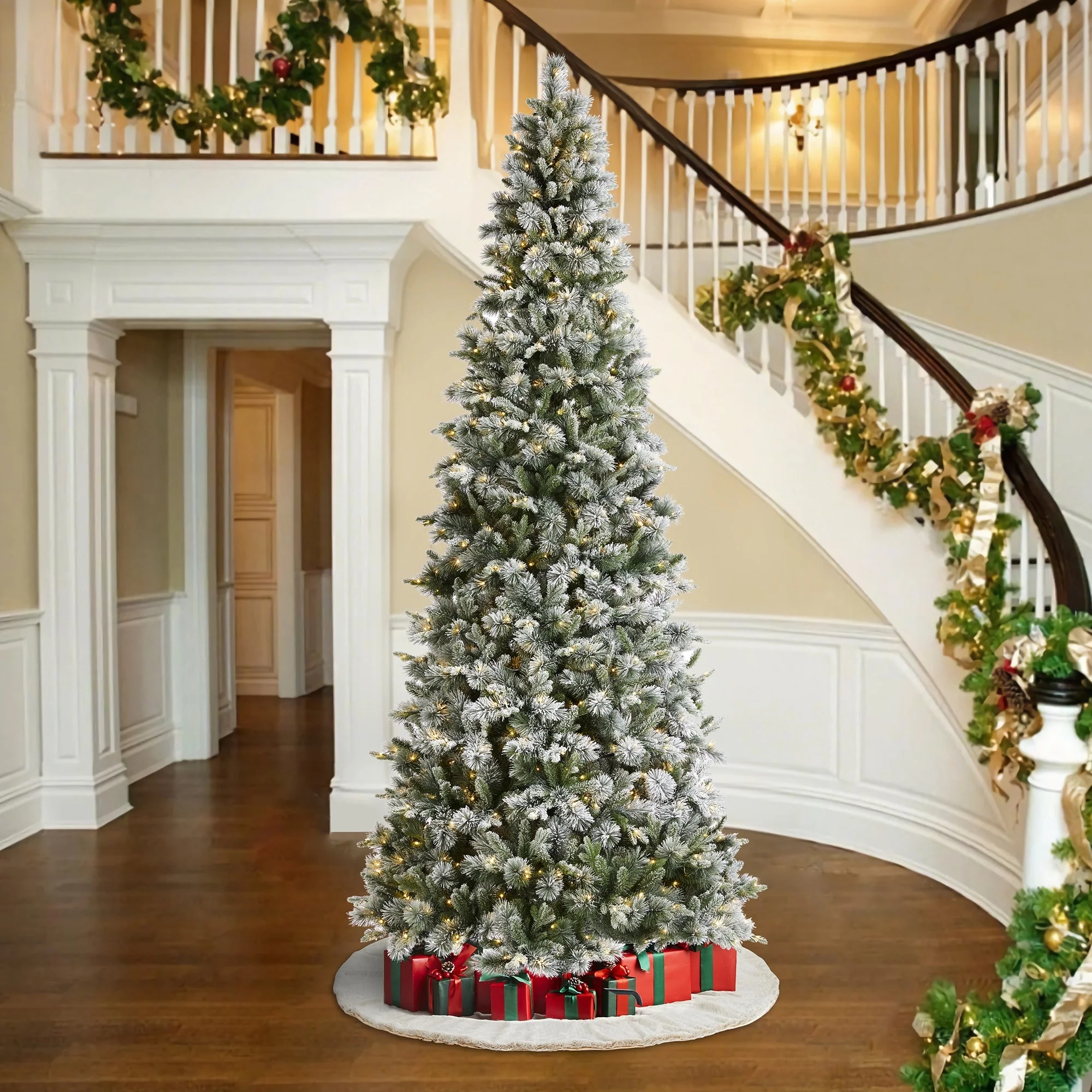 Glitzhome 7.5ft/9ft/11ft Pre-Lit Flocked Slim Pine Artificial Christmas Tree w/ Foot Pedal & Remote Control
