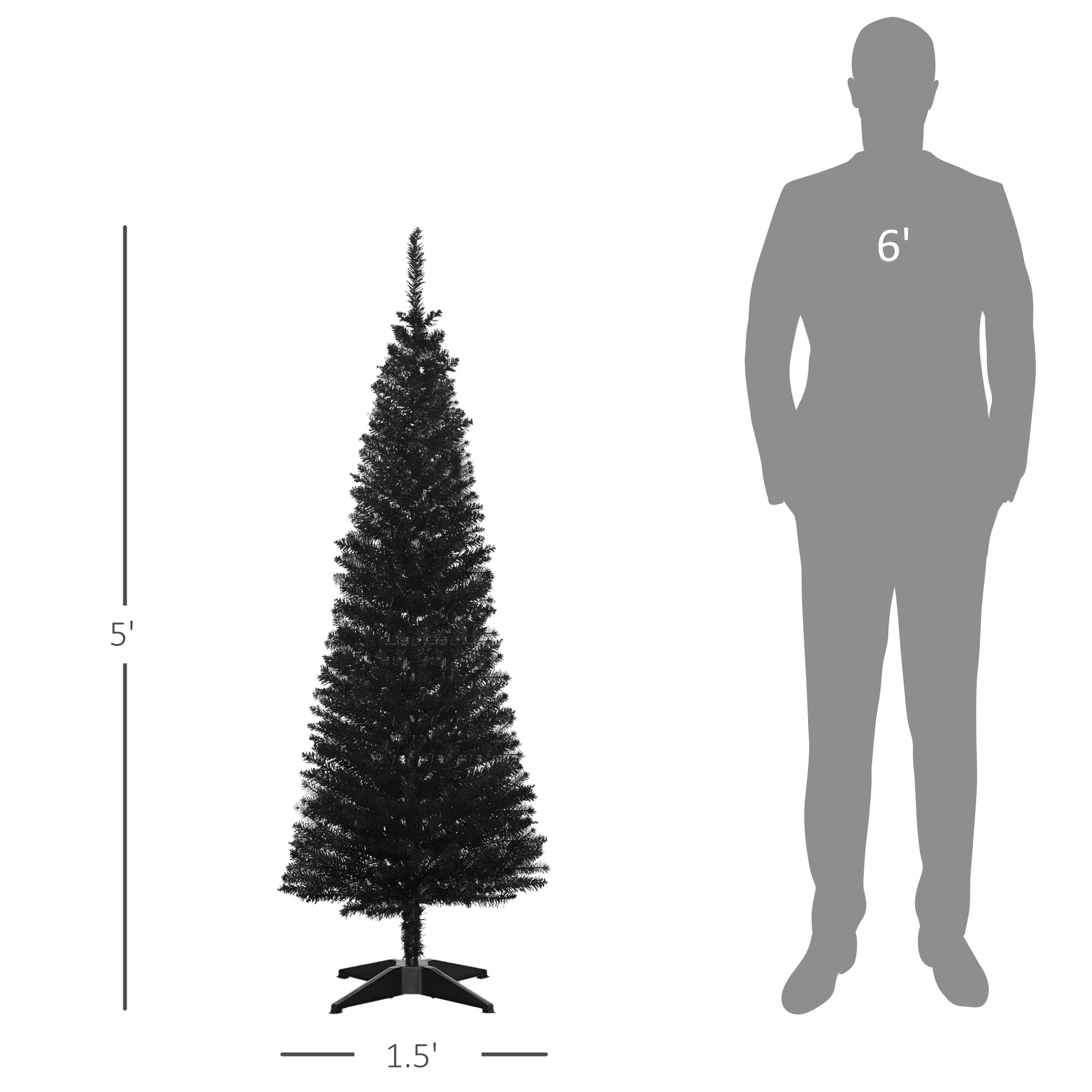 Slim Black Artificial Christmas Tree, Pencil Style with Realistic Branch Tips and Plastic Base - Perfect for Small Spaces