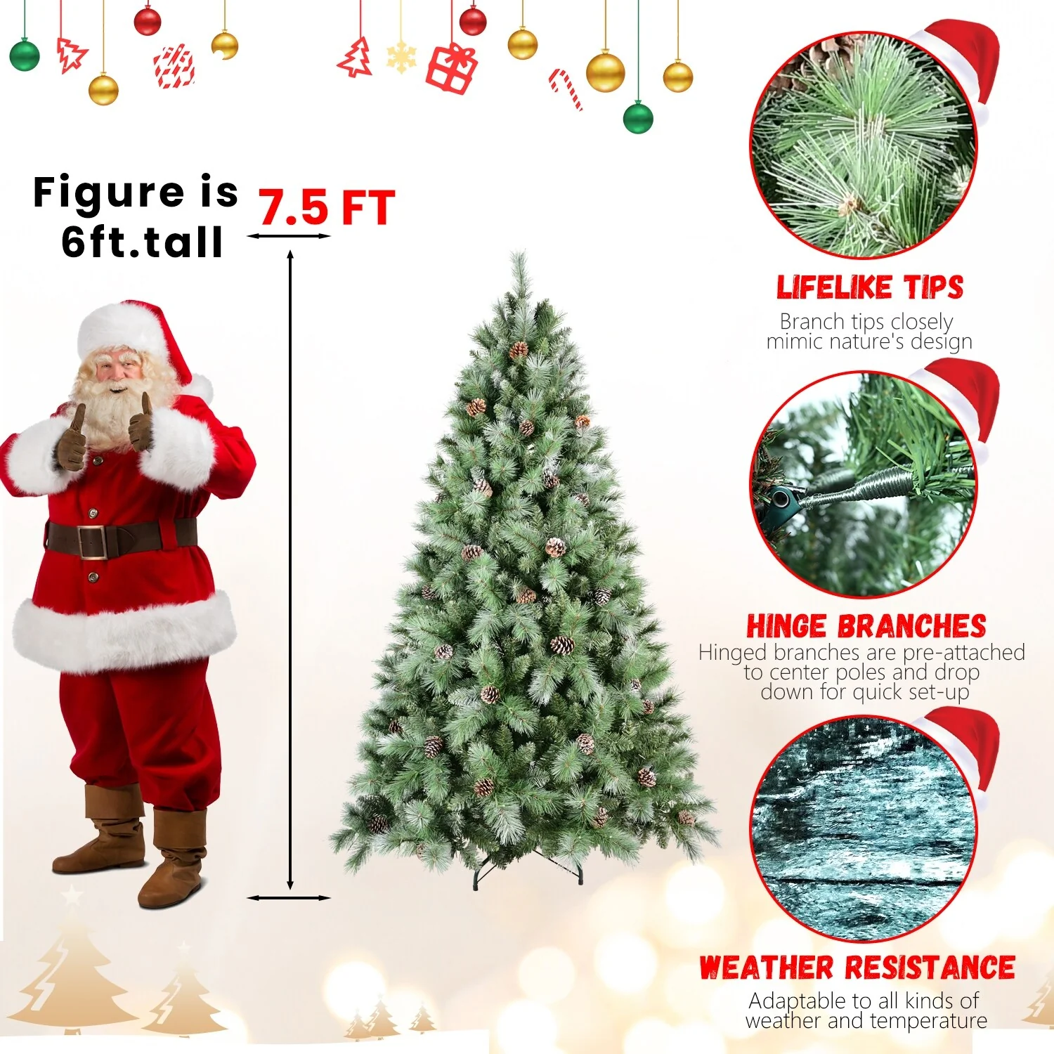 Premium 7.5FT Pre-Decorated Scotch Pine Christmas Tree with Frosted Branches and Natural Pine Cones, 450 LED Lights