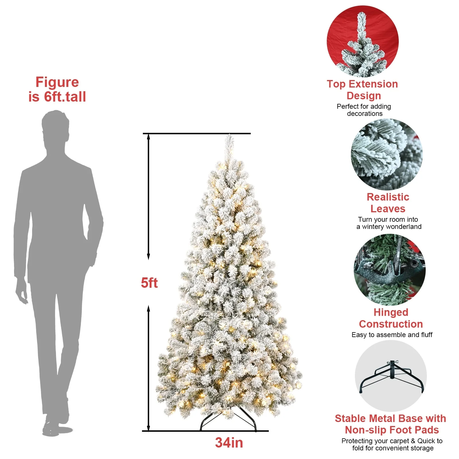 Snow-Flocked Pre-Lit Christmas Tree with Memory Wire Tips and 300-400 Warm Lights, Easy Setup for Indoor Holiday Display