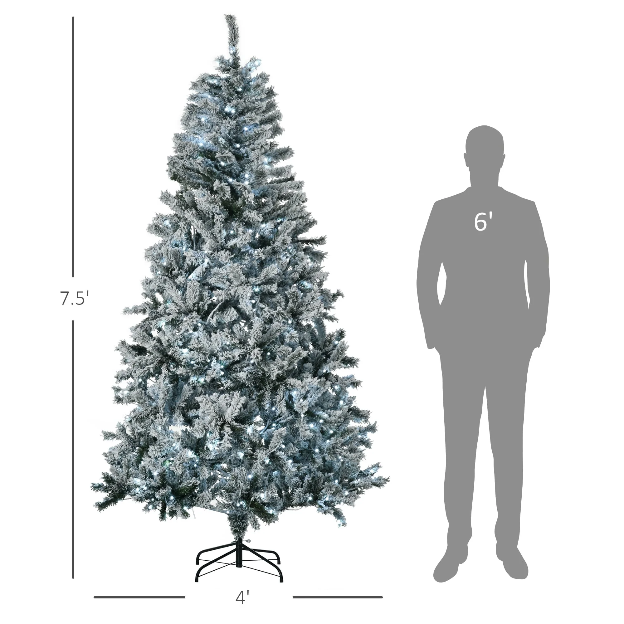 Prelit 7.5' Snow Flocked Artificial Christmas Tree with Cold White LED Lights and Flame-Retardant Design