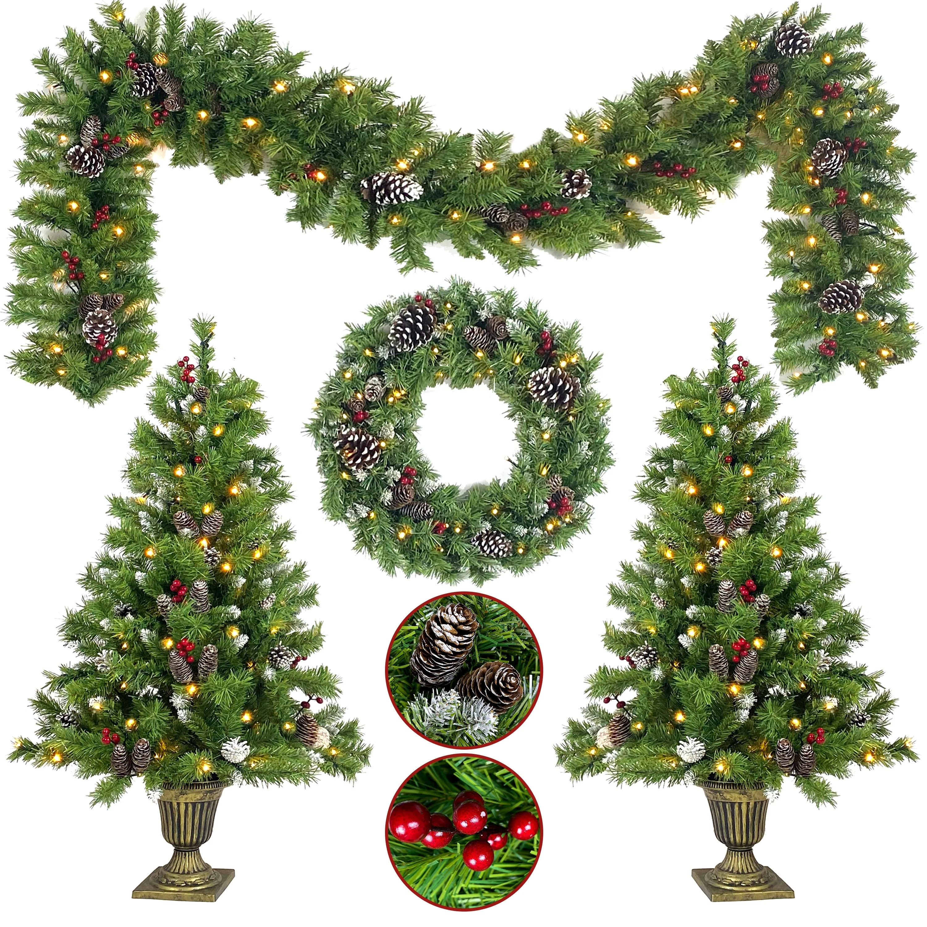 Pre-Lit 4-Piece Holiday Christmas Set - Entrance Trees, Garland, and Wreath with 340 Warm LEDs
