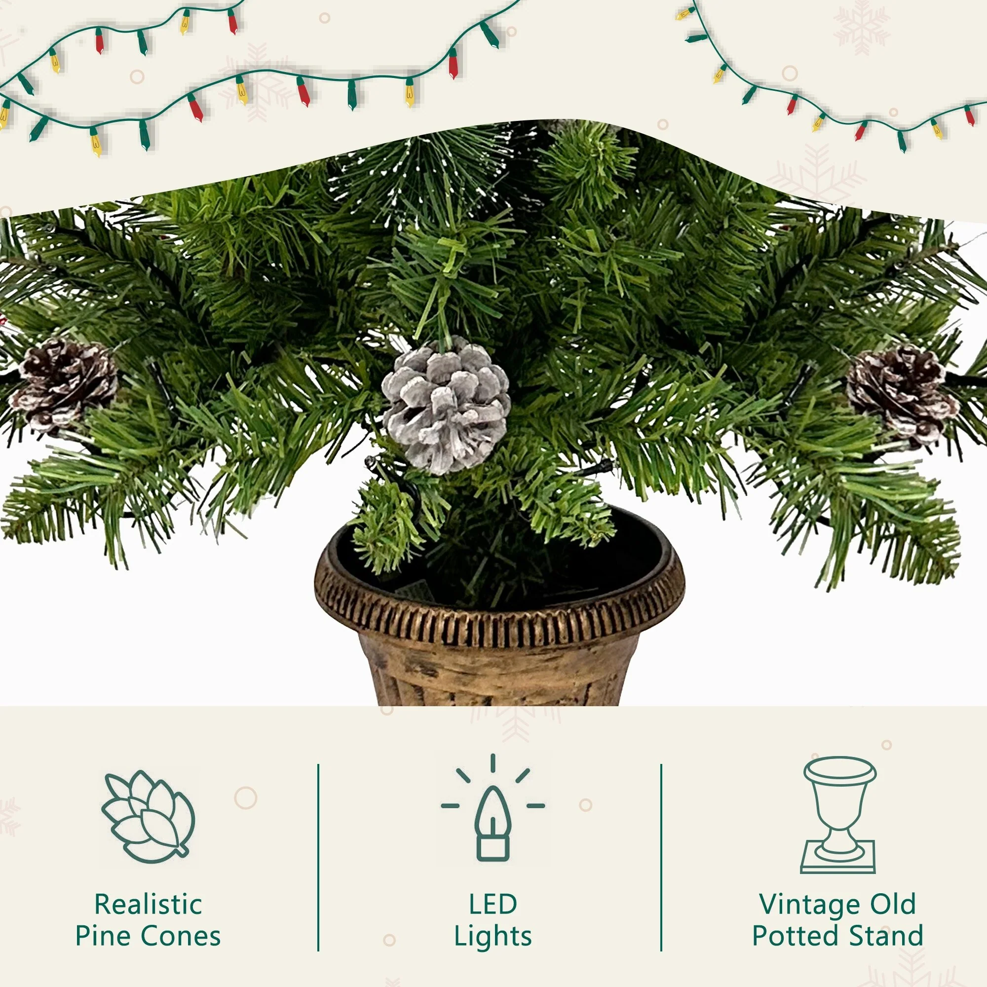 4-Piece Artificial Christmas Tree Set with LED Lights, 3FT Entrance Trees, Wreath & Garland.