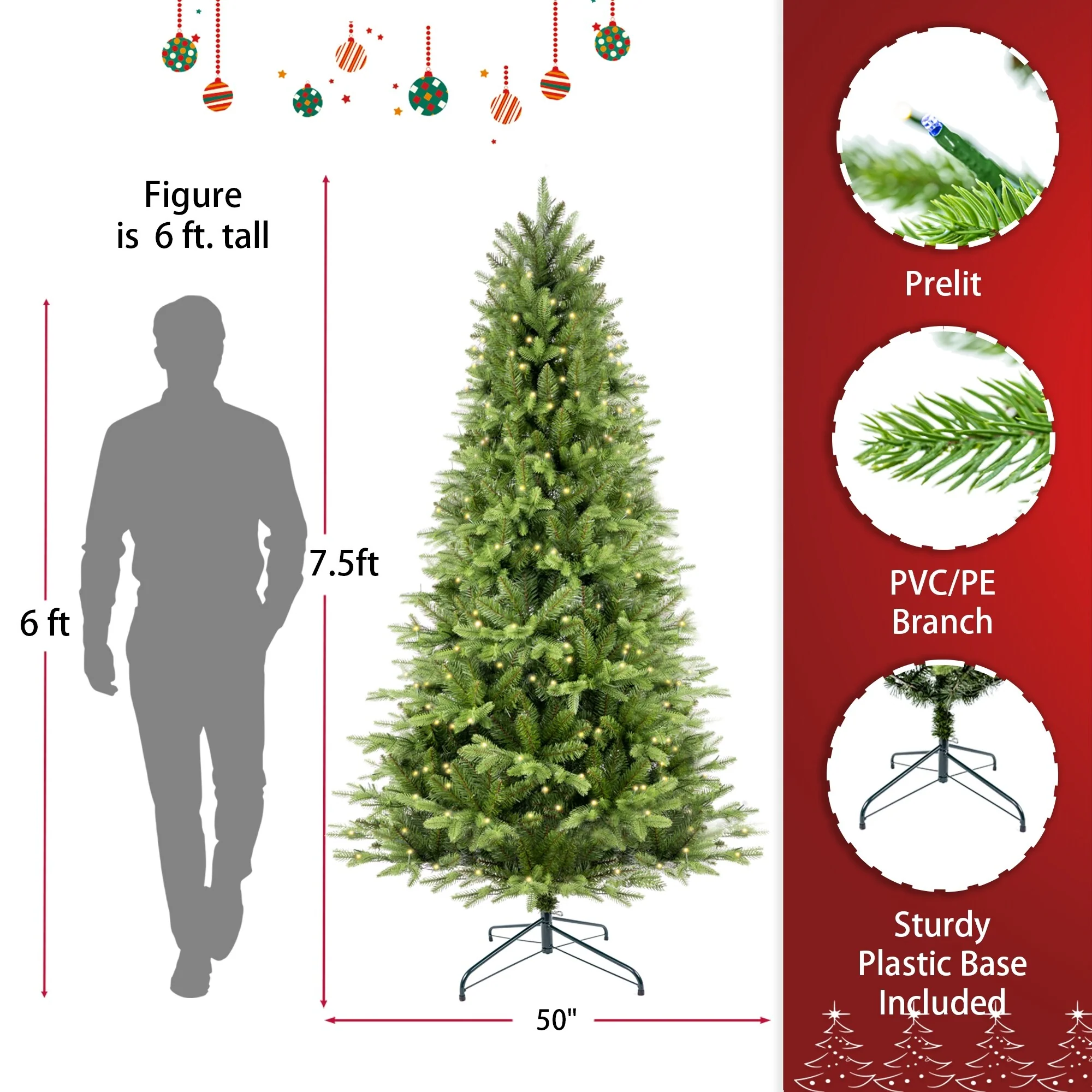 Artificial Everett Balsam Christmas Tree with Bi-Colour LED Lights, PE&PVC Branch Tips, 6.5ft & 7.5ft Sizes
