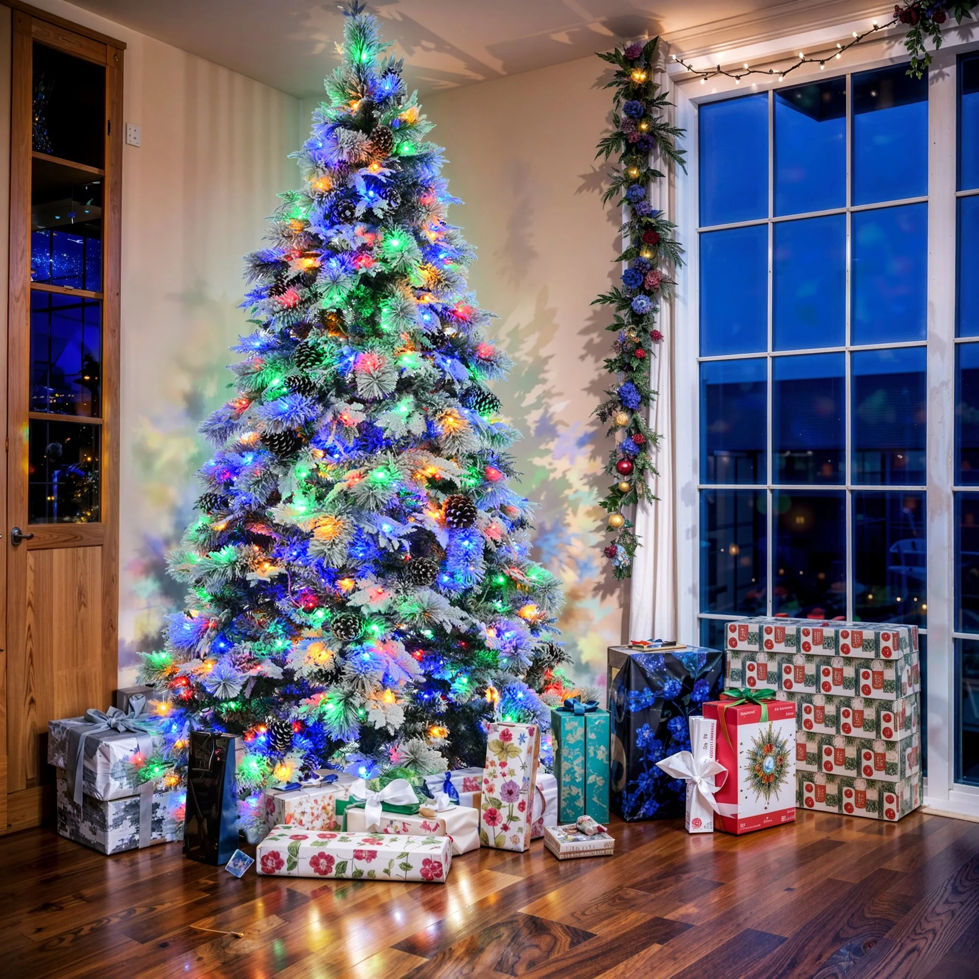 Artificial Snow Flocked Spruce Christmas Tree with 120/250/450 LED Lights, Pine Cones, and 11 Flashing Modes, 4FT/6FT/7.5FT