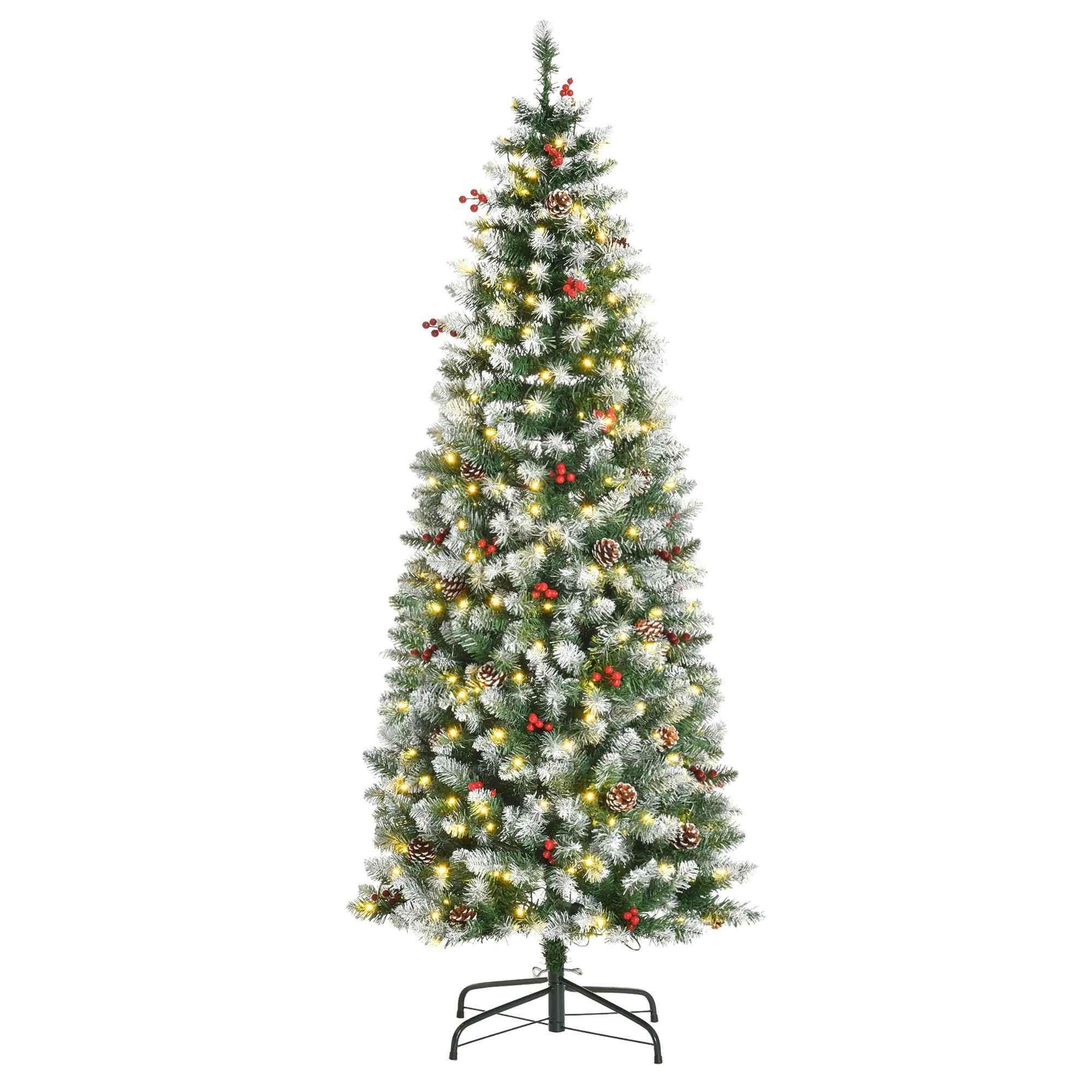 Snow-Dipped 6ft Pre-Lit Christmas Tree with Realistic Branches, 300 LED Lights, Pine Cones,Red Berries.