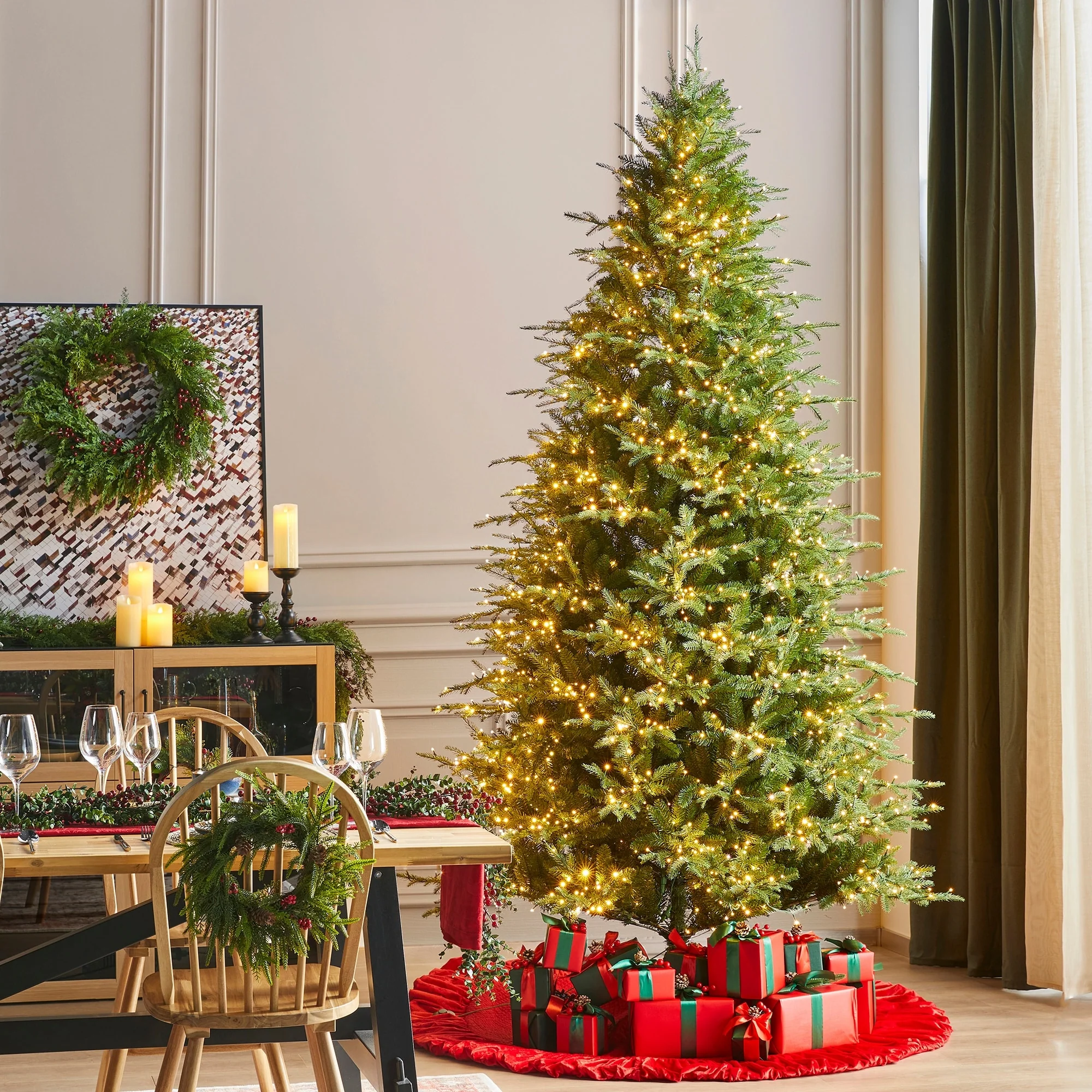 Glitzhome 7.5ft/9ft/11ft Pre-Lit Green Full Fir Artificial Christmas Tree with 1800/2450/3200 LEDs Simple Setup