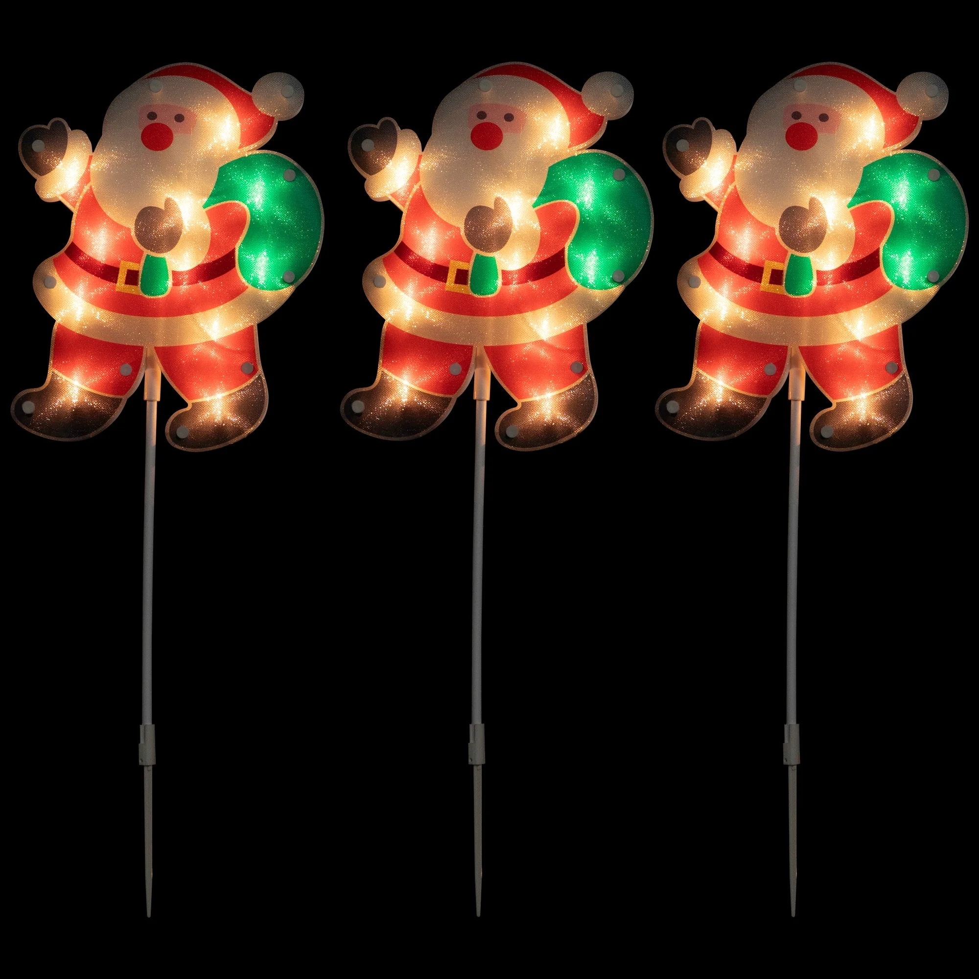 Lighted Holographic Santa Claus Christmas Pathway Markers - Clear - 5.5' White Wire - 3ct - Red