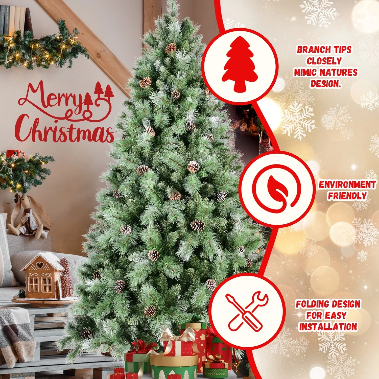Premium 7.5FT Pre-Decorated Scotch Pine Christmas Tree with Frosted Branches and Natural Pine Cones, 450 LED Lights