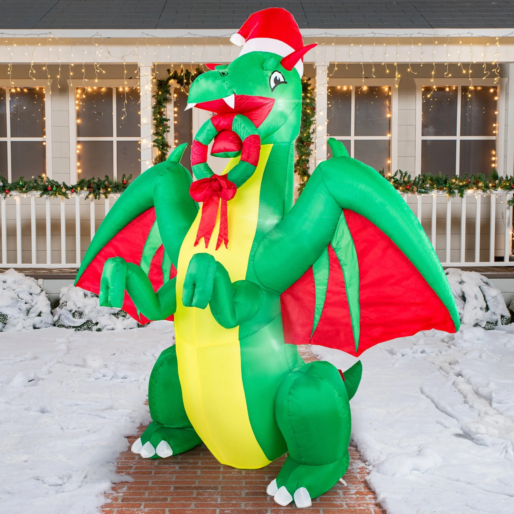 Joyfy 8 FT Christmas Dragon Inflatable, Realistic Green Dragon Christmas Inflatable with Built-in LEDs Blow Up Inflatables