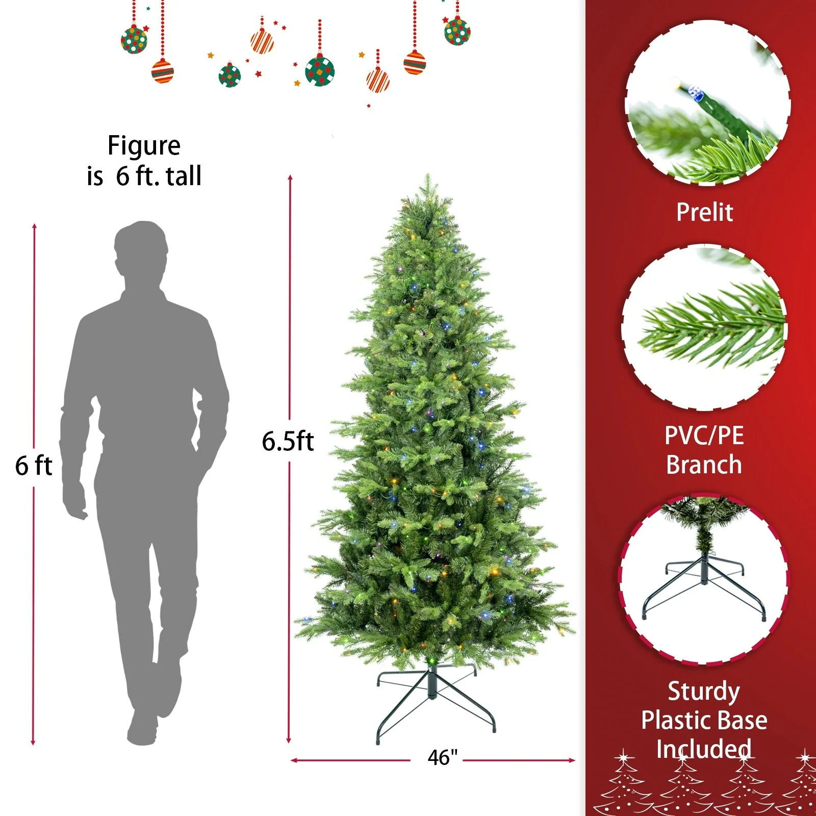 Artificial Everett Balsam Christmas Tree with Bi-Colour LED Lights, PE&PVC Branch Tips, 6.5ft & 7.5ft Sizes
