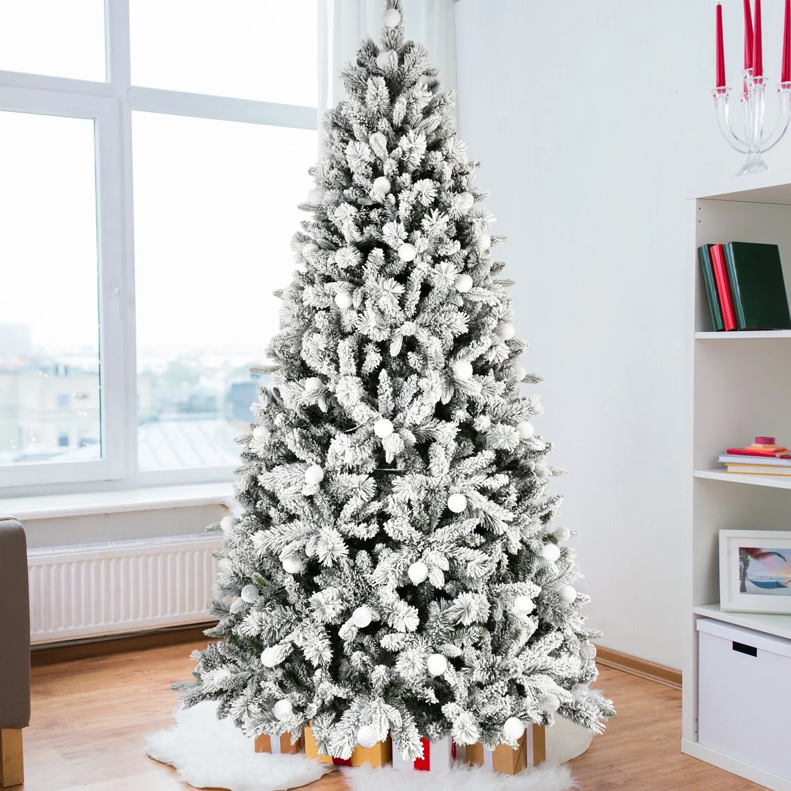 8ft Artificial Snow-Flocked Christmas Tree with LED Lights, Memory Wire, and Easy Power Setup