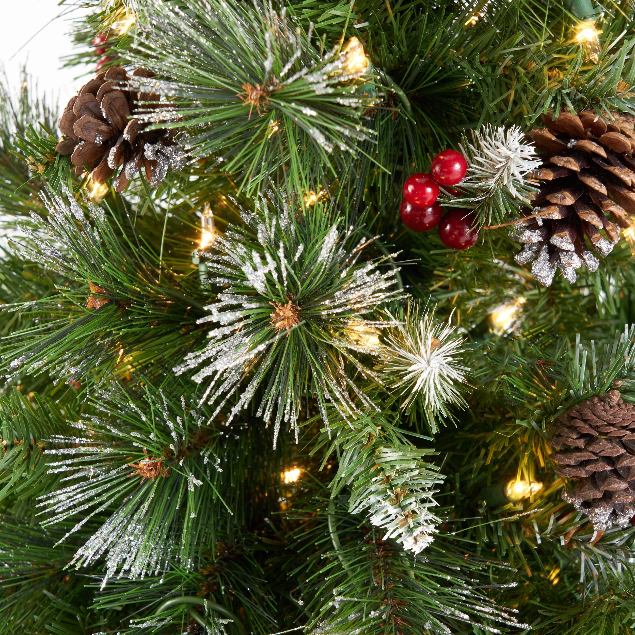 4.5FT Pre-Lit Glitter Bristle Christmas Tree with Pine Cones, Red Berries & 200 Clear Lights, Hinged for Easy Assembly